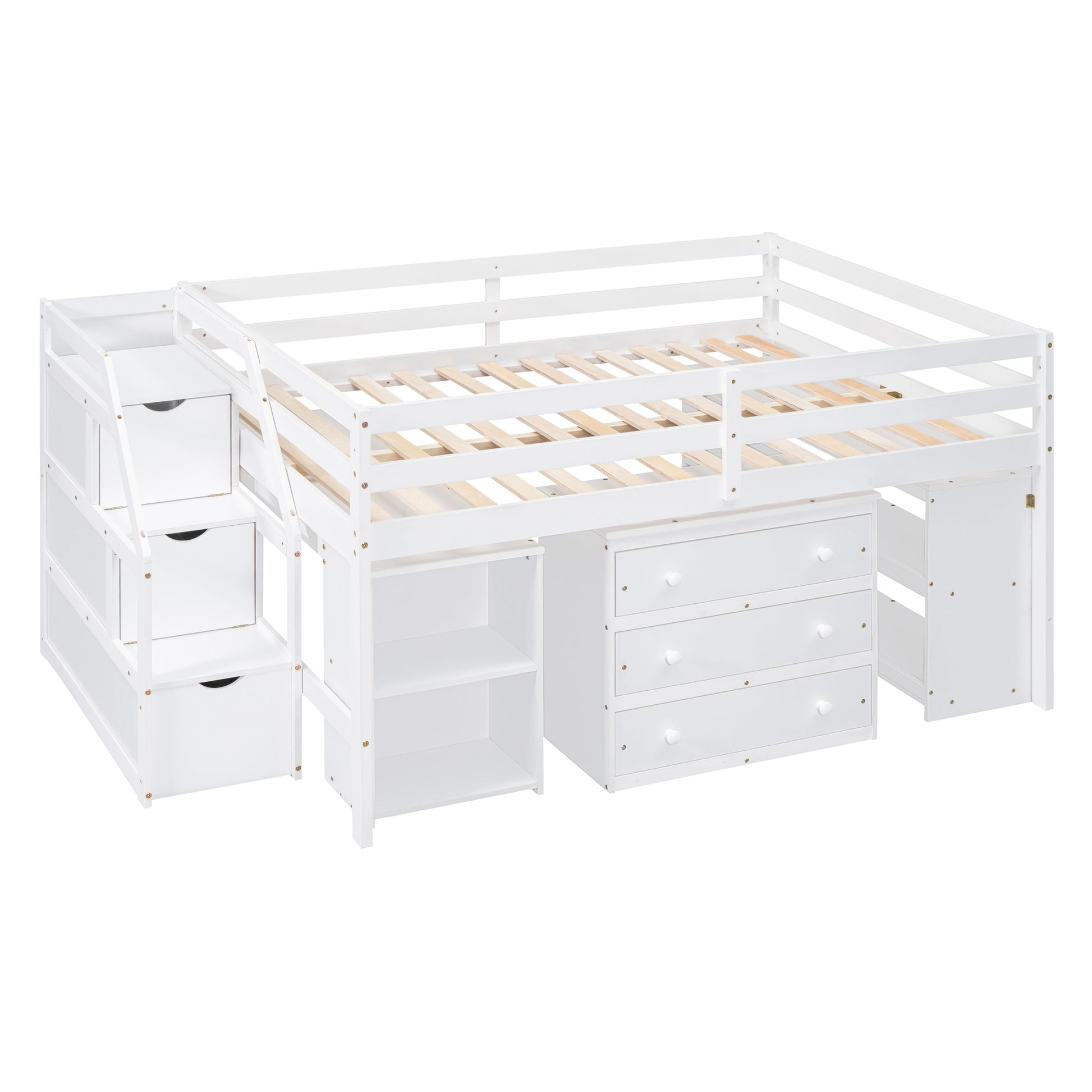 Full Size Loft Bed With Retractable Writing Desk And 3 Drawers, Wooden Loft Bed With Storage Stairs And Shelves, White White Solid Wood Mdf