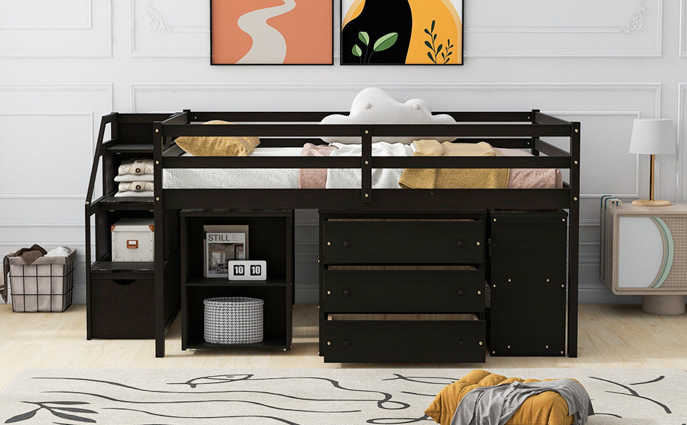 Full Size Loft Bed With Retractable Writing Desk And 3 Drawers, Wooden Loft Bed With Storage Stairs And Shelves, Espresso Espresso Solid Wood Mdf