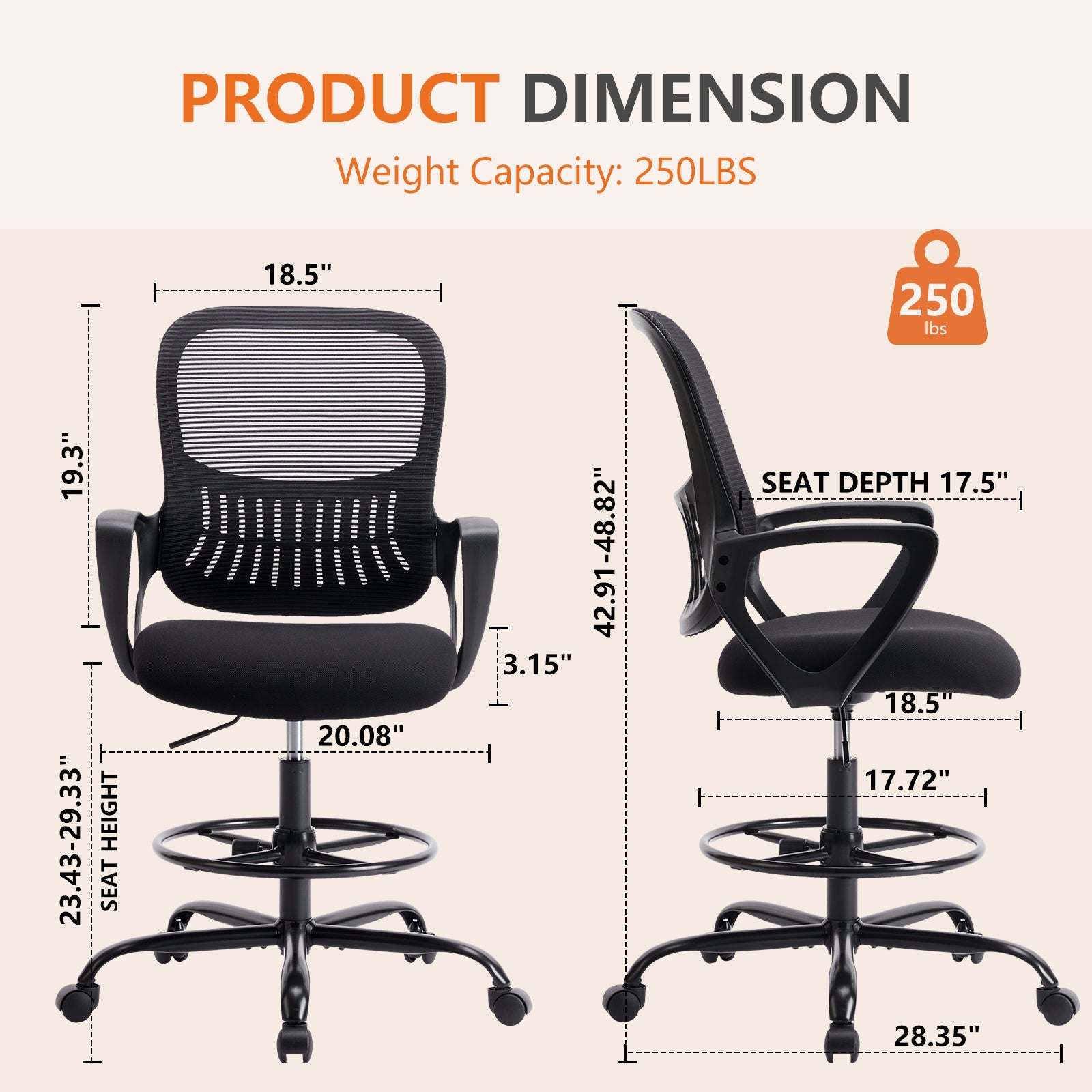 Sweetcrispy Ergonomic Drafting Chair Tall Standing Desk Office Chair Black Nylon Mesh