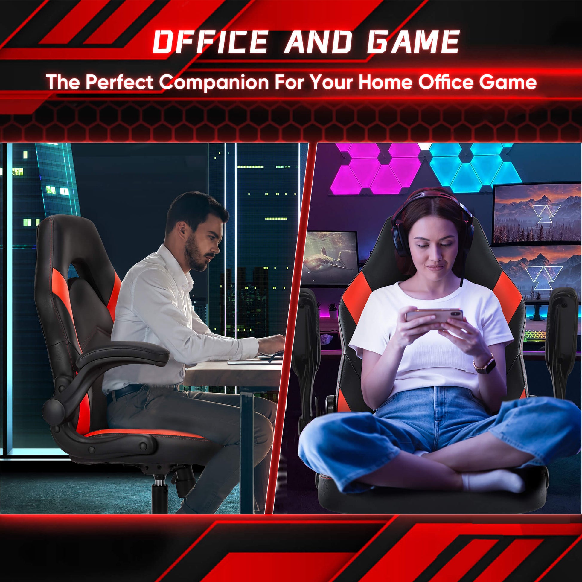 Sweetcrispy Gaming Chair Pu Leather Computer Chair Ergonomic Office Chair With Lumbar Support, Height Adjustable Rolling Desk Chairs With Flip Up Armrests Black Red Pu