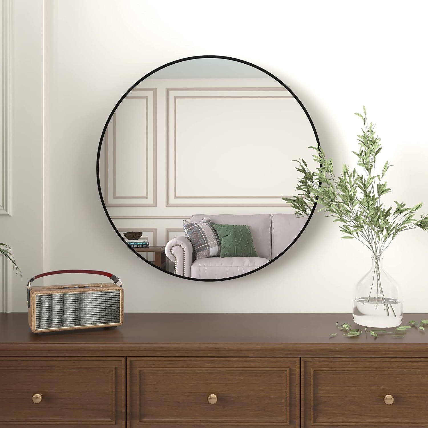 Black 36 Inch Metal Round Bathroom Mirror Black Classic Mdf Glass Aluminium Alloy