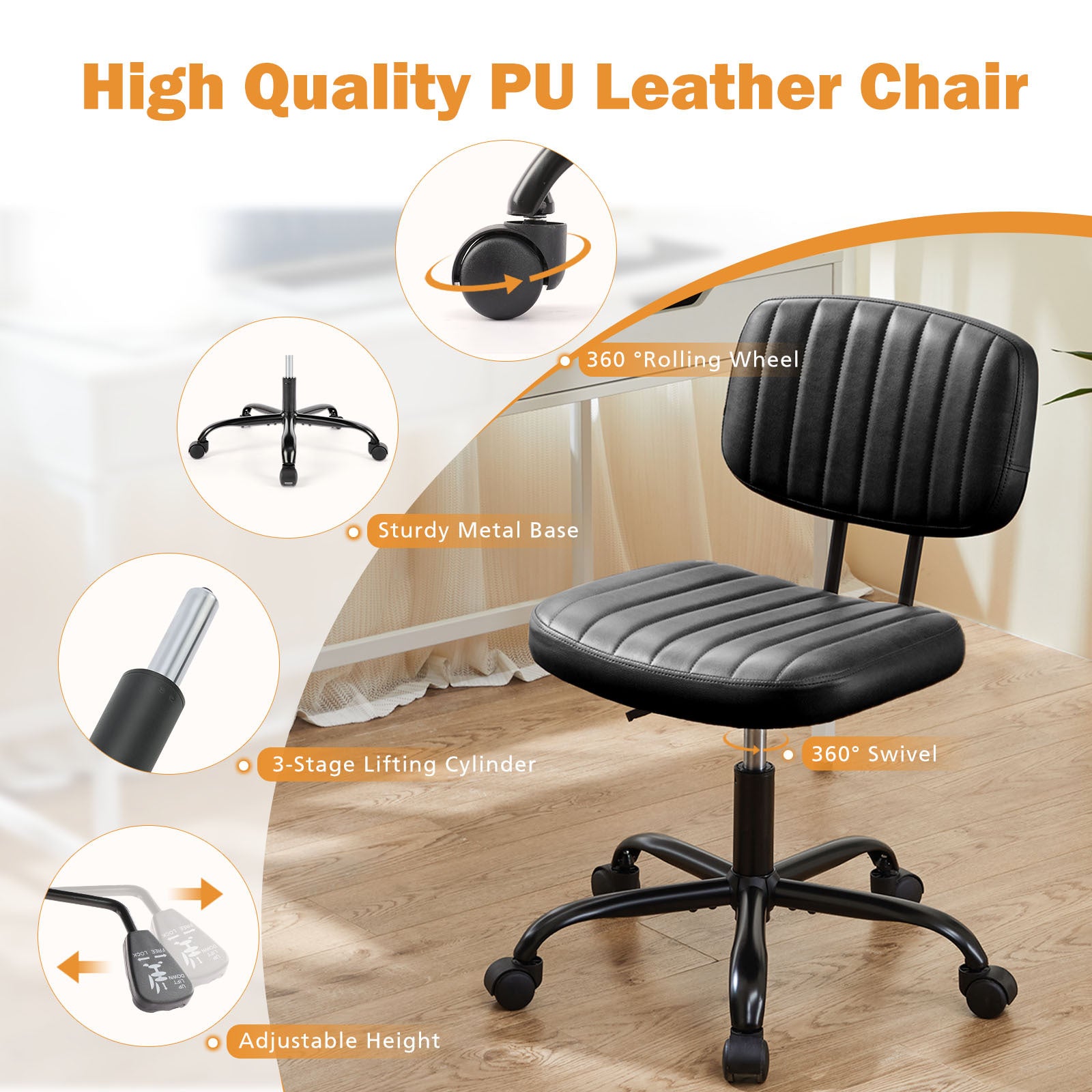 Sweetcrispy Pu Leather Low Back Task Chair Small Home Office Chair With Wheels Black Abs Rubber Steel Q235