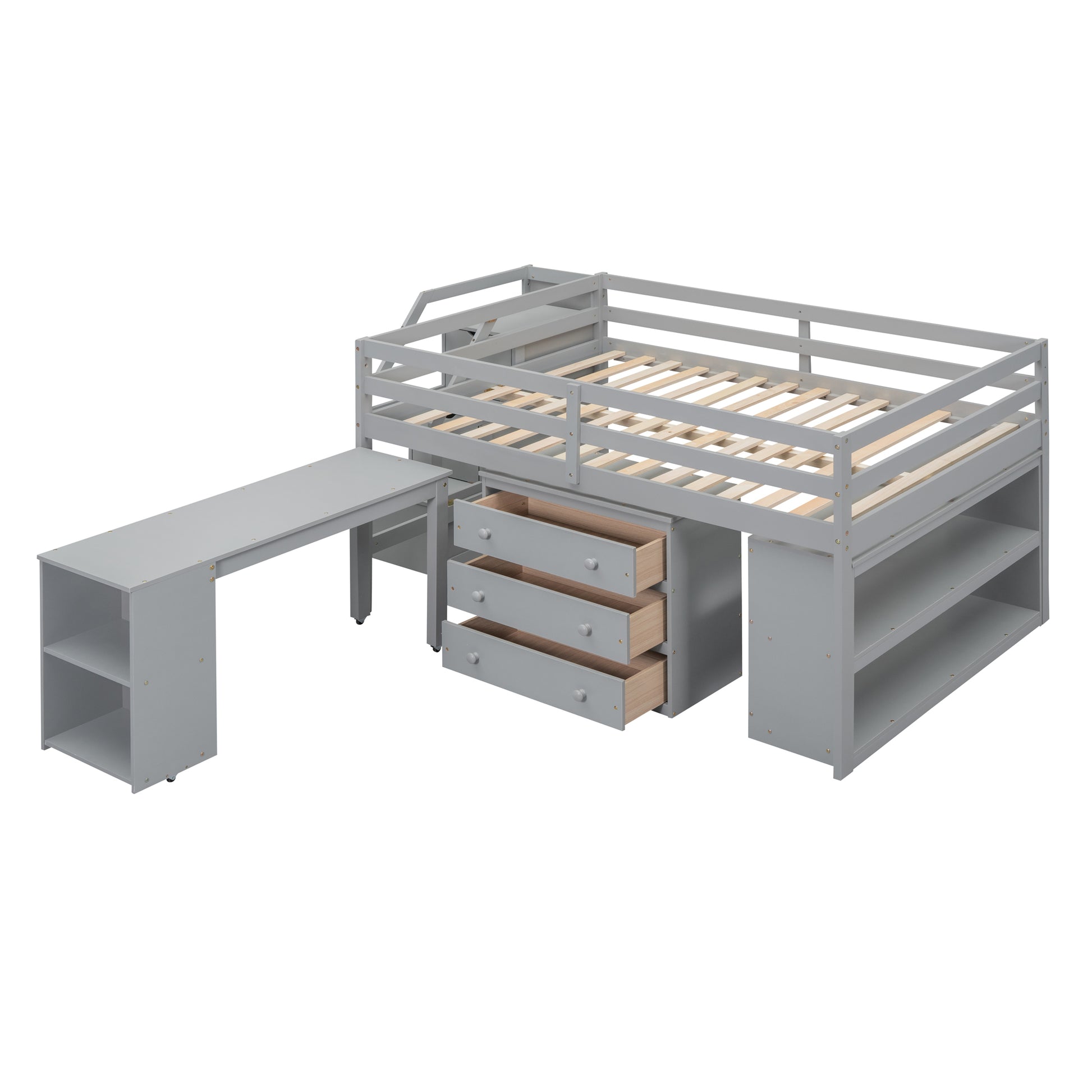 Full Size Loft Bed With Retractable Writing Desk And 3 Drawers, Wooden Loft Bed With Storage Stairs And Shelves, Gray Gray Solid Wood Mdf