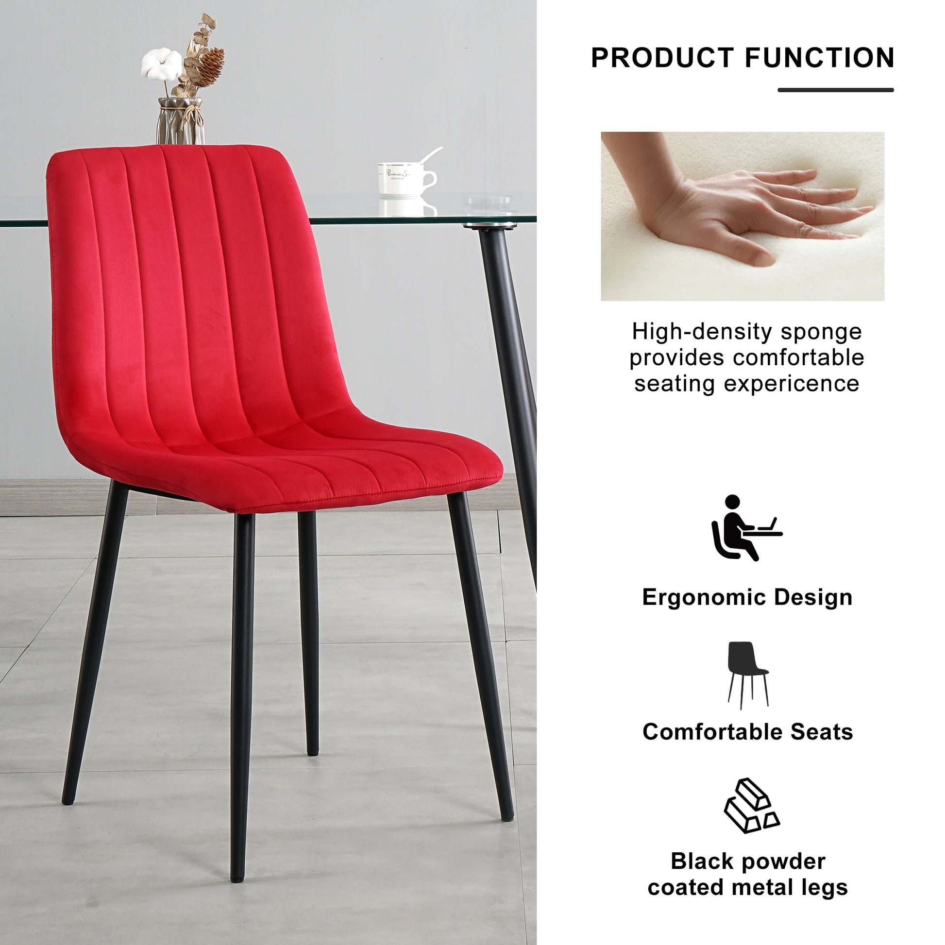 Table And Chair Set, One Table And Four Chairs. Clear Tempered Glass Table Top, 0.3 Feet Thick, Black Wrought Iron Legs. Black Spray Paint Chair Legs. Upholstered Chair Glass Red Metal Rectangular