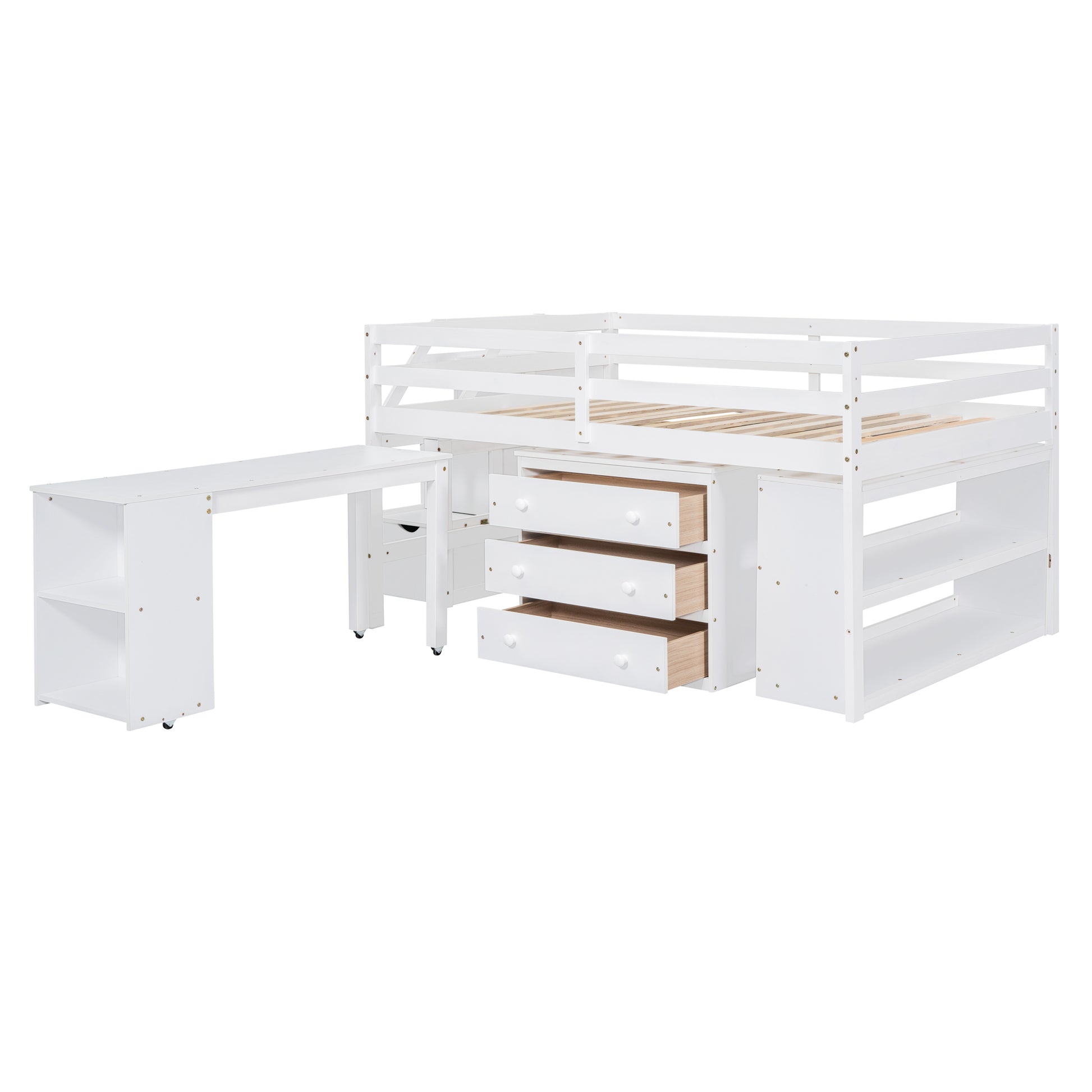 Full Size Loft Bed With Retractable Writing Desk And 3 Drawers, Wooden Loft Bed With Storage Stairs And Shelves, White White Solid Wood Mdf