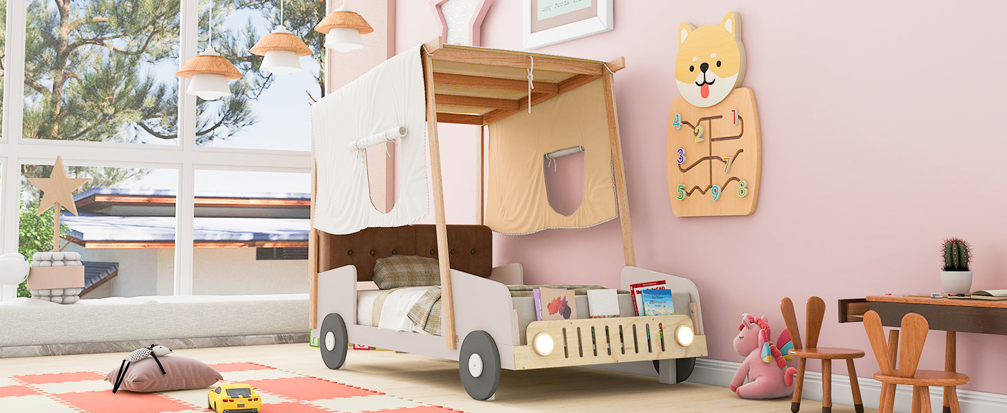 Wood Twin Size Car Bed With Pillow, Ceiling Cloth And Led, Natural Box Spring Not Required Twin Natural Wood Bedroom Solid Wood Mdf