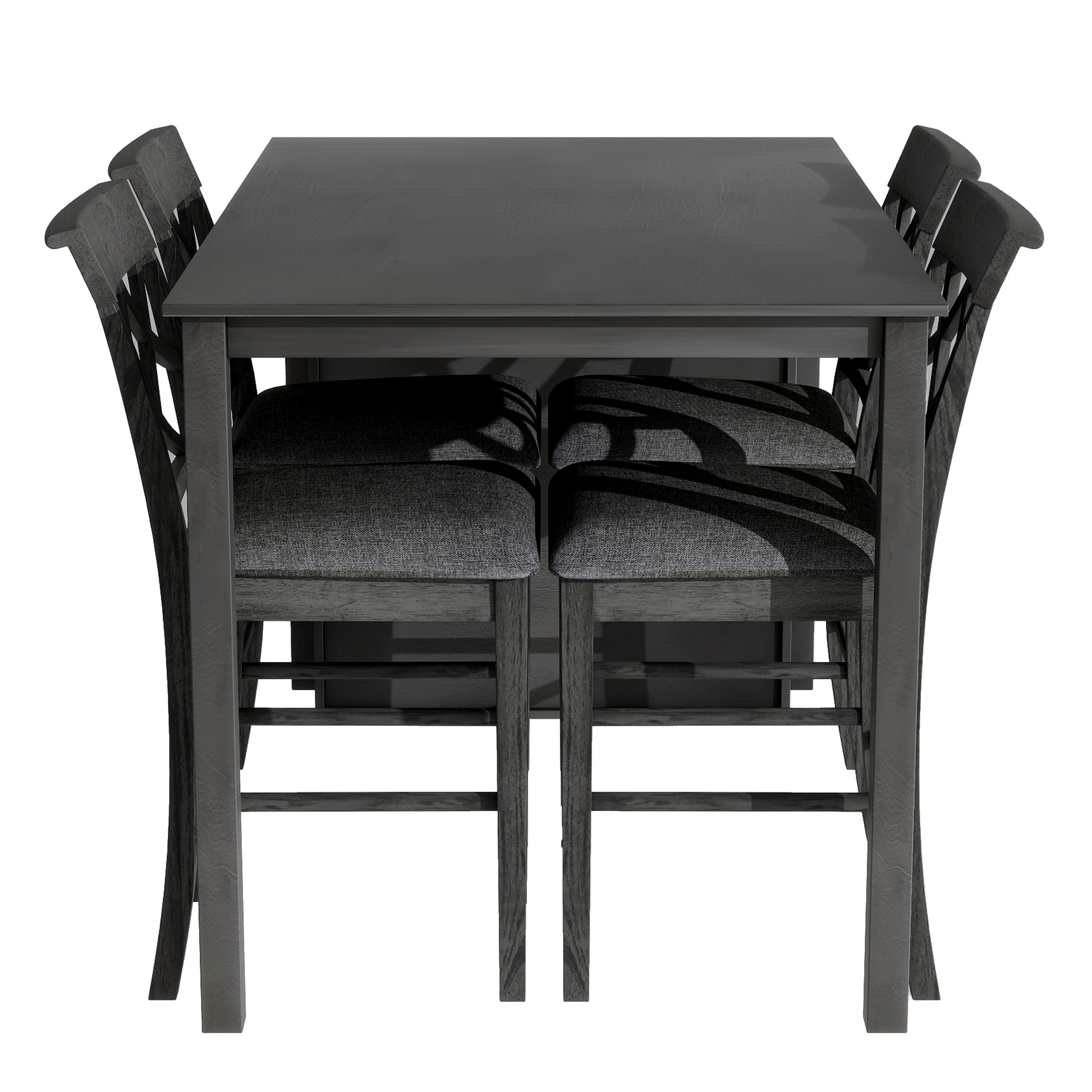 Updated Counter Height 5 Piece Solid Wood Dining Table Set, 59*35.4Inch Table With Curved Wine Rack And 4 Upholstered Chairs, Grey Wood Dining Room Solid Wood Rubberwood Rectangular Dining Table With Chair Wood Wood Grey Solid Back Seats 4 Farmhouse 4