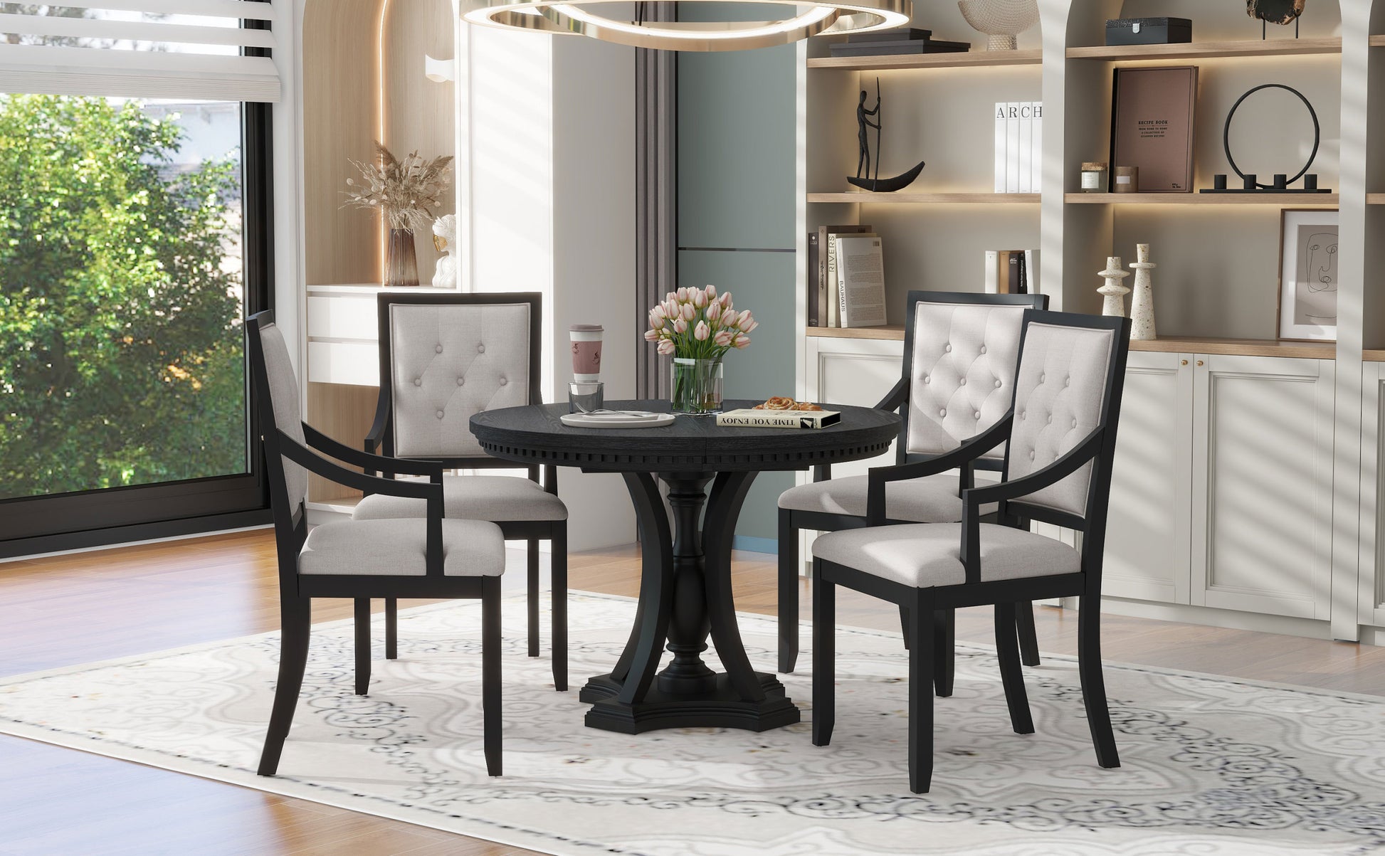 Retro 5 Piece Dining Set Extendable Round Table And 4 Chairs For Kitchen Dining Room Black Oak Black Mdf