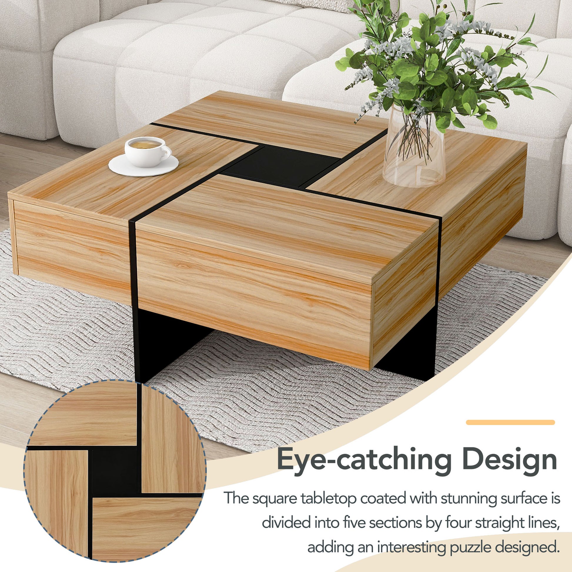 Unique Design Coffee Table With 4 Hidden Storage Compartments, Square Cocktail Table With Extendable Sliding Tabletop, Uv High Gloss Design Center Table For Living Room, 31.5"X 31.5" Brown Soft Close Drawers Primary Living Space Freestanding Square