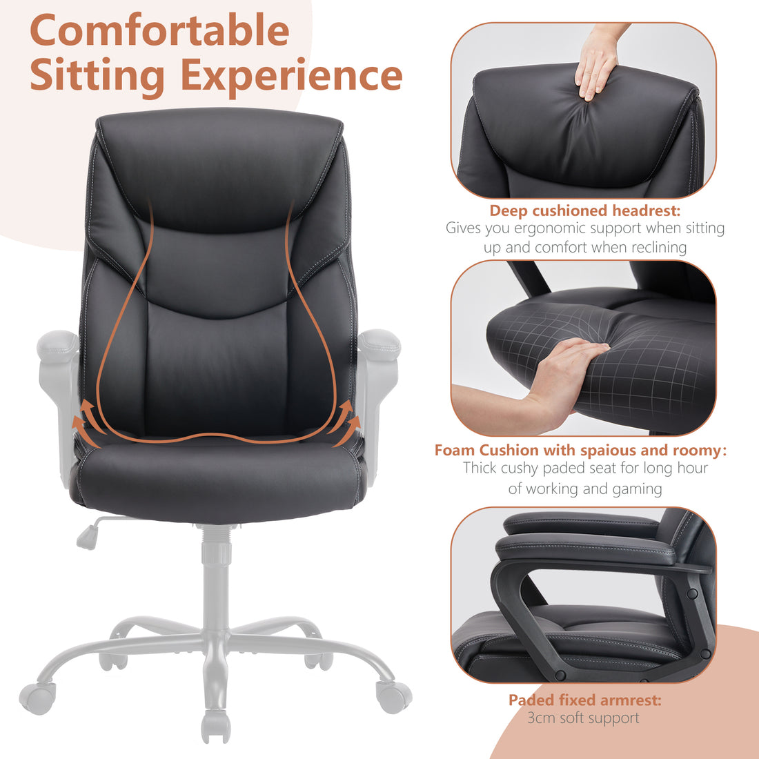 Sweetcrispy Home Office Chair Ergonomic Pu Leather Desk Chair With Armrests Black Pu Leather