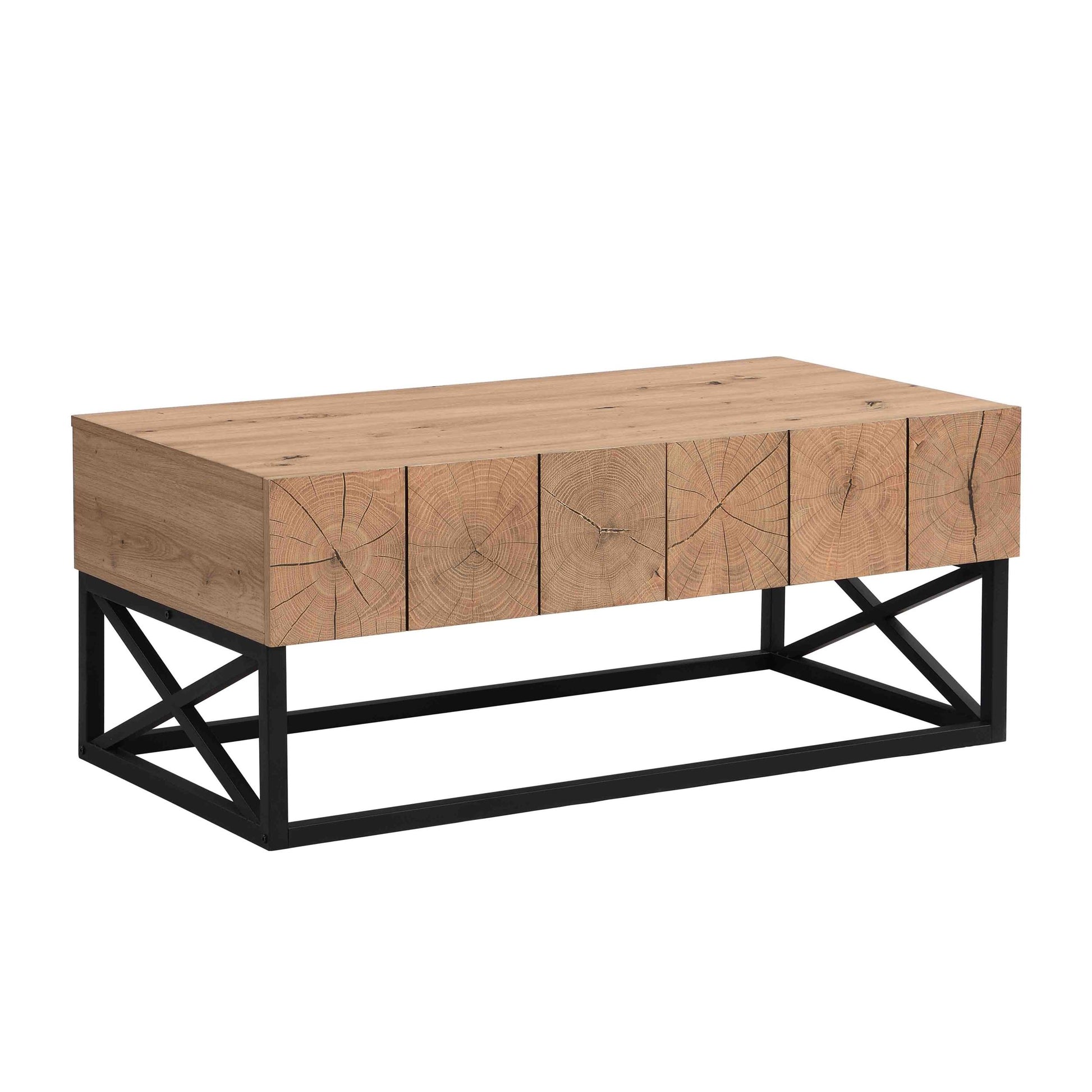 43.31'' Luxury Coffee Table With Two Drawers, Industrial Coffee Table For Living Room, Bedroom & Office Natural Mdf Iron