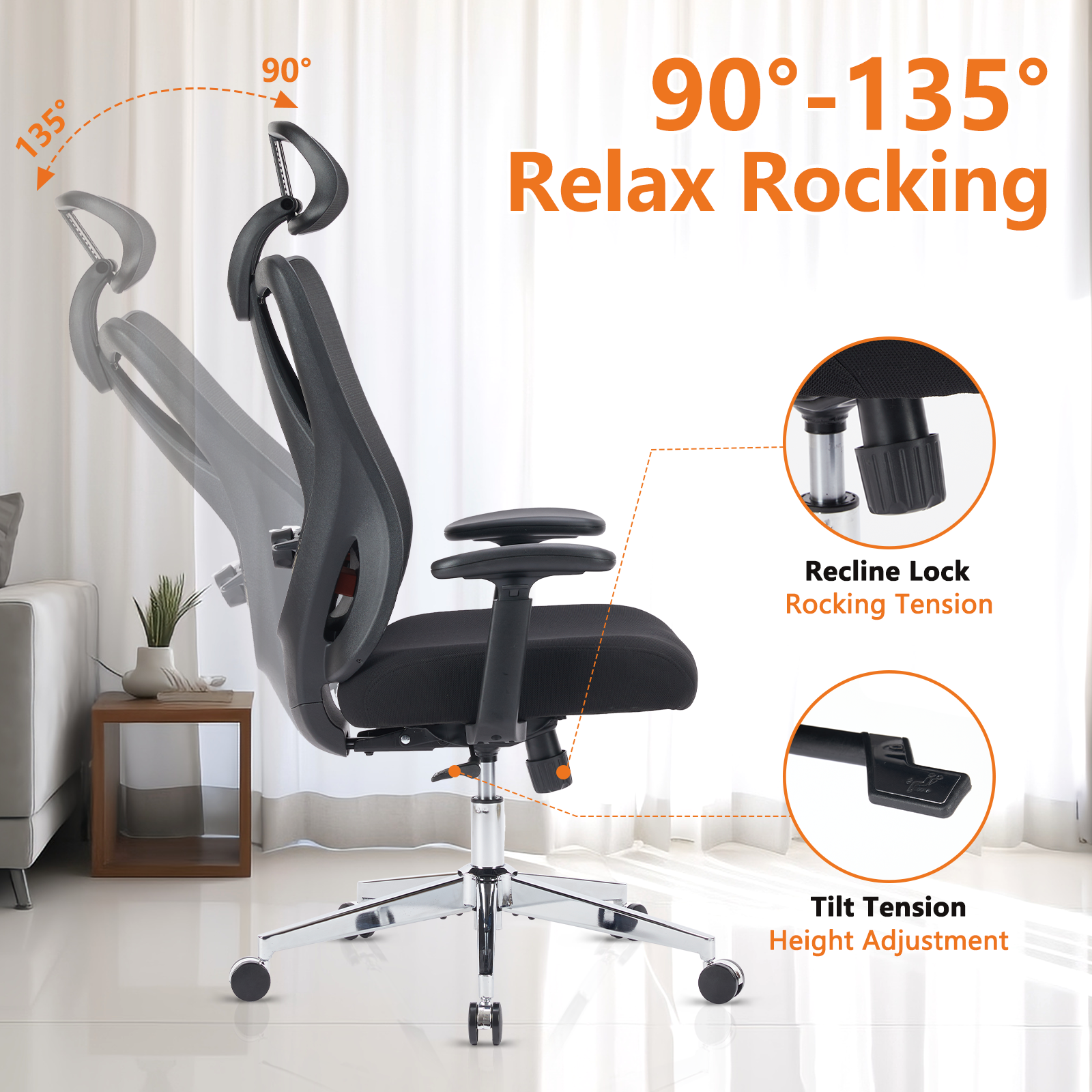 Sweetcrispy High Back Ergonomic Office Chair Adjustable Headrest And Waistrest Mesh Desk Chair Black Nylon Mesh