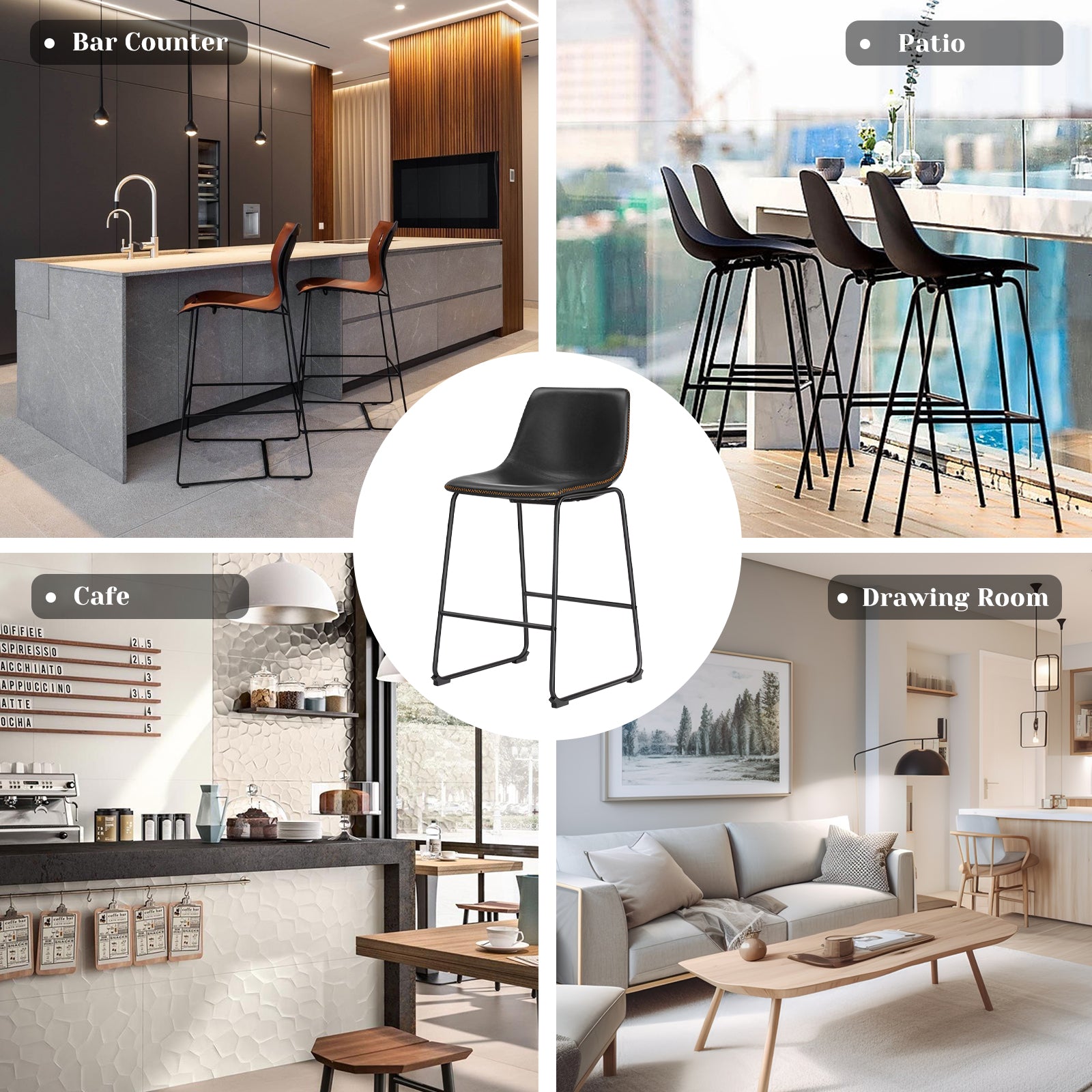 Sweetcrispy 26 Inch Counter Height Bar Stools Set Of 2 Leather Barstool With Back And Metal Leg Modern Bar Stools For Kitchen Island Pub Living Room Black Pu