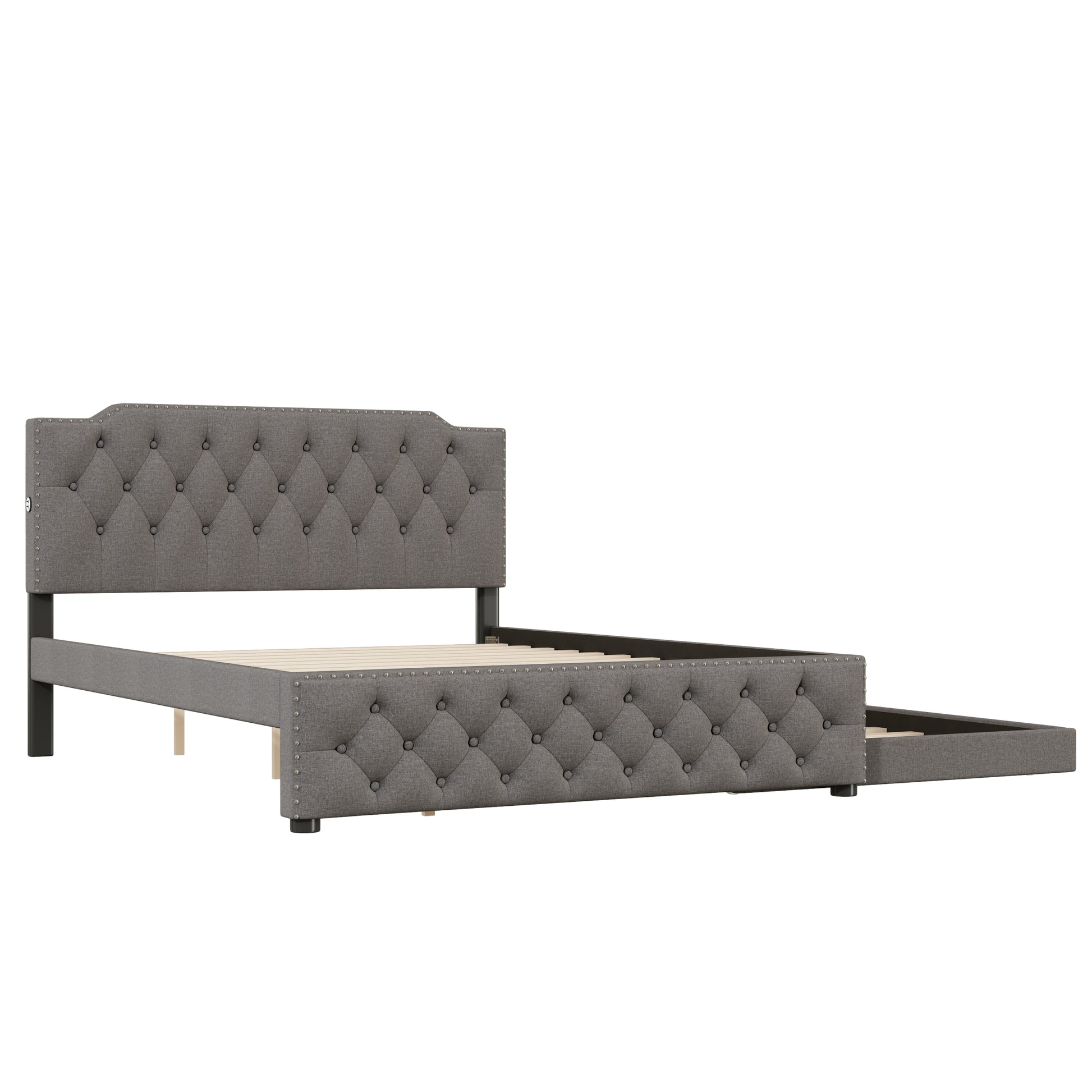 Queen Size Upholstered Platform Bed With Twin Size Trundle And 2 Sets Of Usb Ports On Each Side, Linen Fabric, Gray Queen Gray Linen