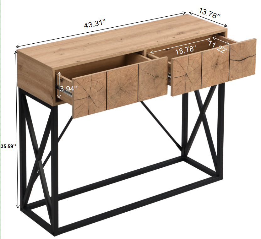 43.31'' Luxury Wood Sofa Table, Industrial Console Table For Entryway, Hallway Tables With Two Drawers For Living Room Natural Mdf Iron