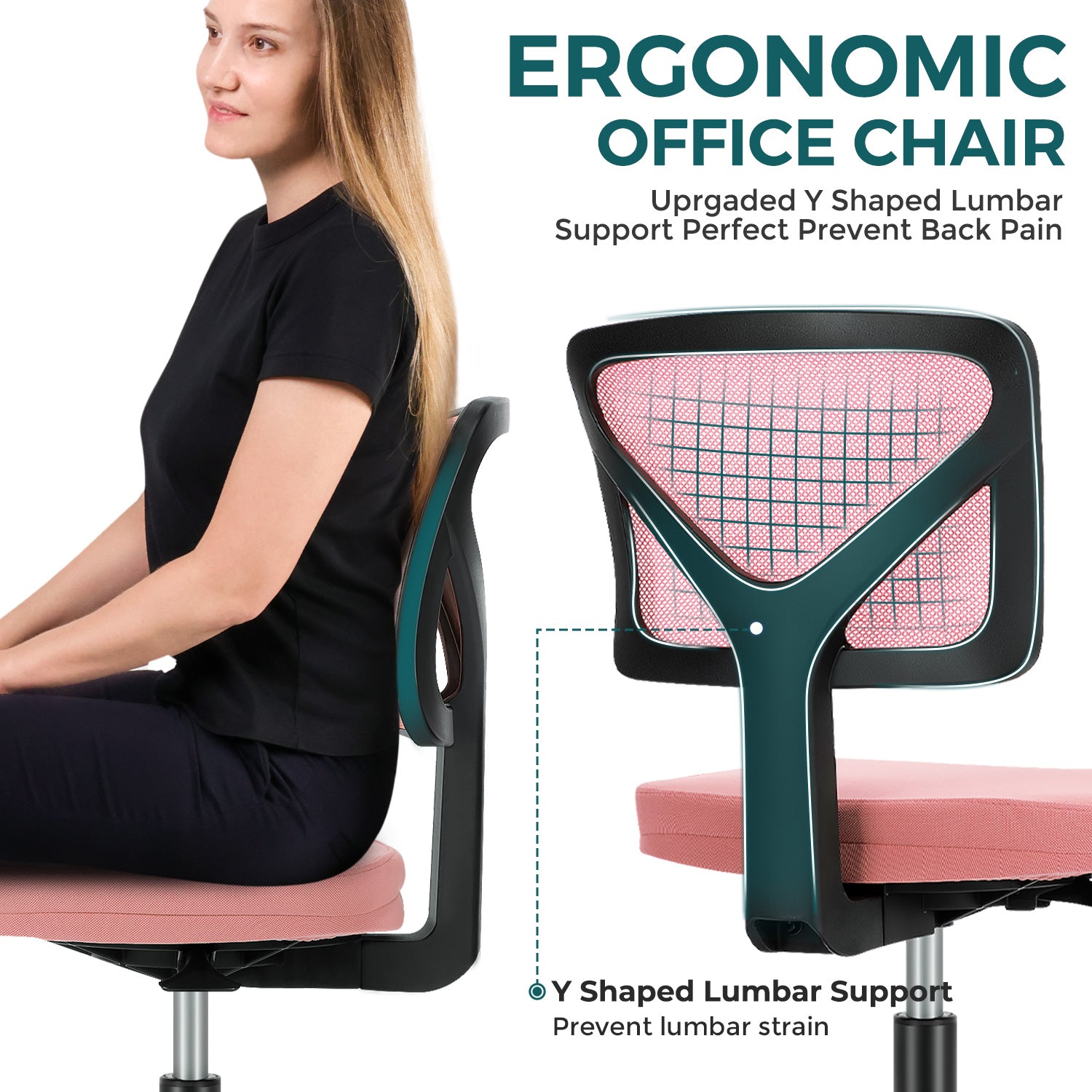 Sweetcrispy Armless Desk Chair Small Home Office Chair With Lumbar Support Pink Nylon Mesh