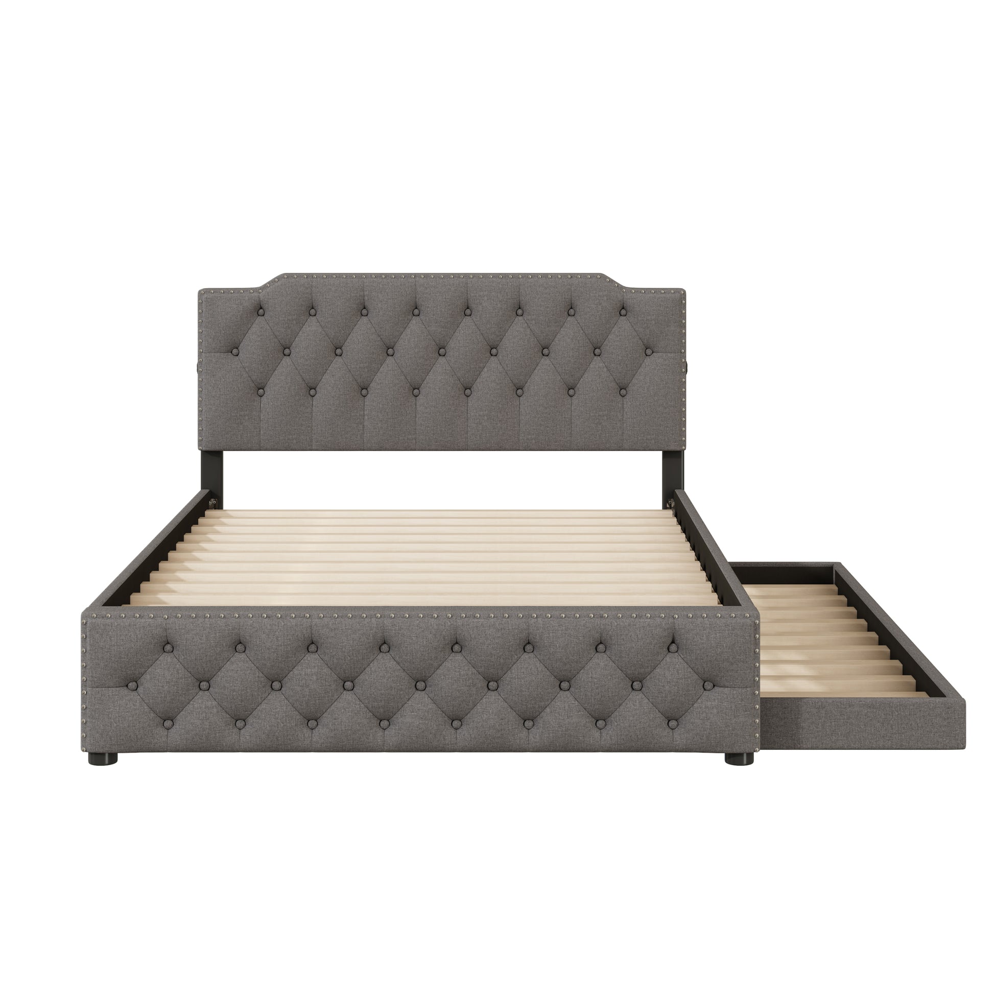Queen Size Upholstered Platform Bed With Twin Size Trundle And 2 Sets Of Usb Ports On Each Side, Linen Fabric, Gray Queen Gray Linen