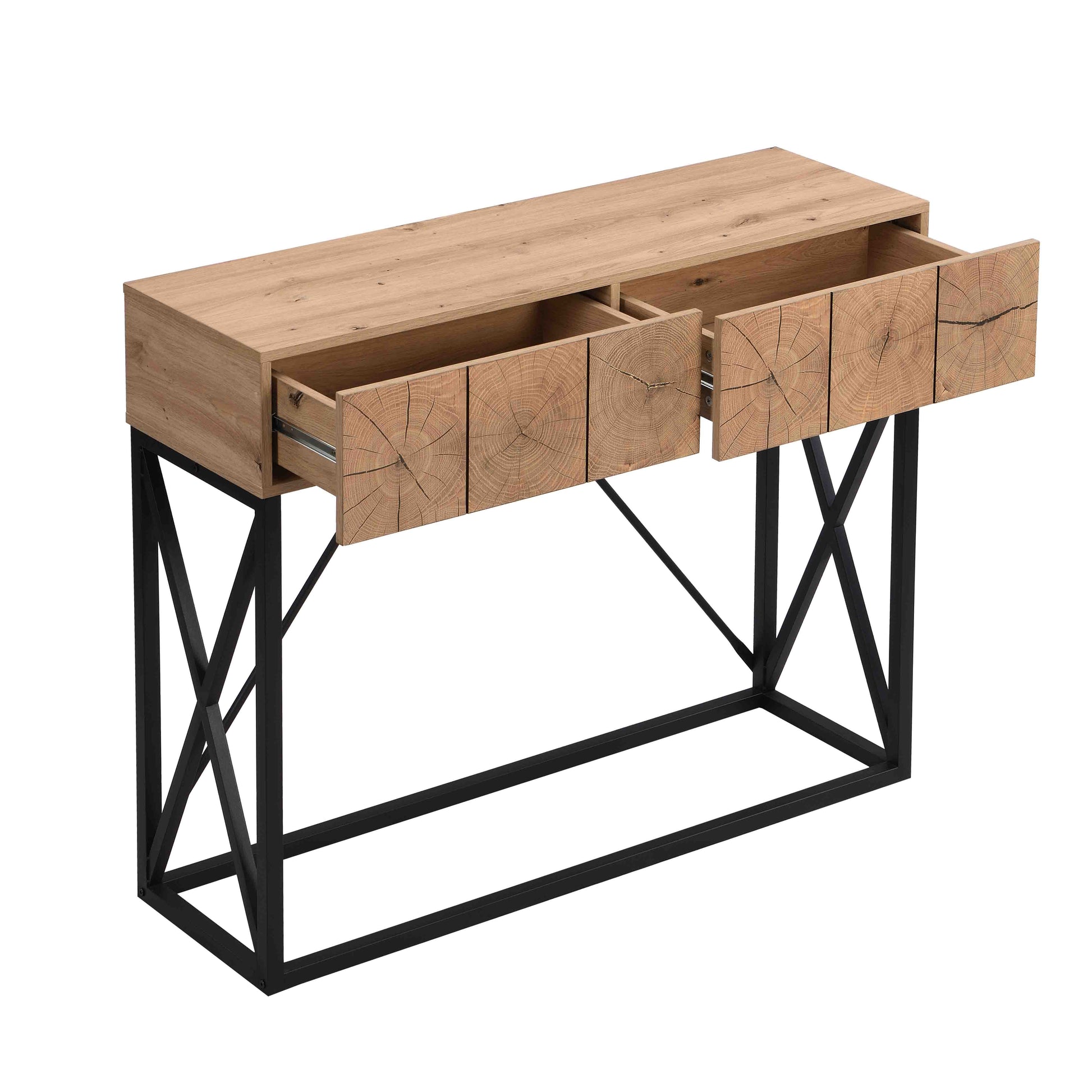43.31'' Luxury Wood Sofa Table, Industrial Console Table For Entryway, Hallway Tables With Two Drawers For Living Room Natural Mdf Iron