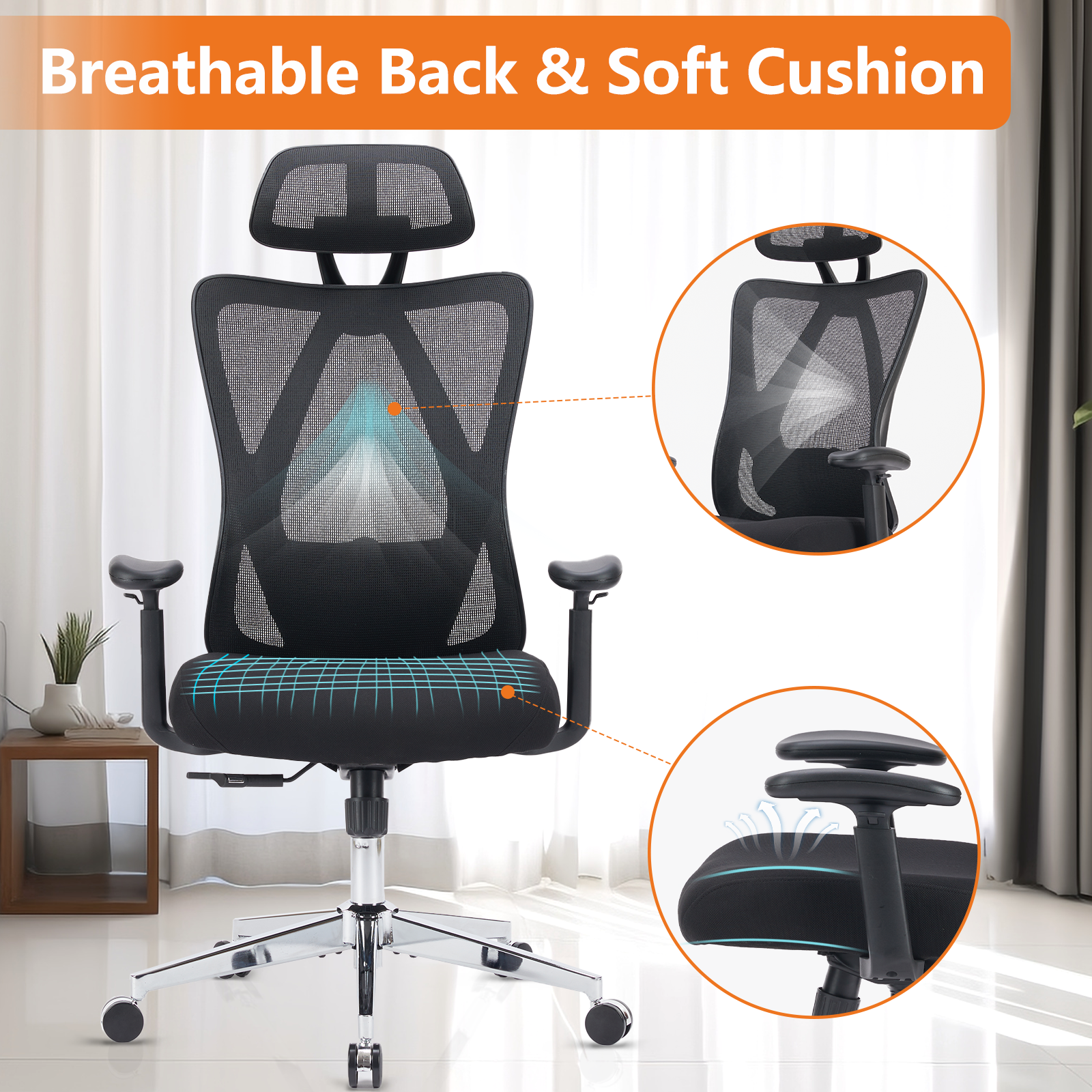 Sweetcrispy High Back Ergonomic Office Chair Adjustable Headrest And Waistrest Mesh Desk Chair Black Nylon Mesh