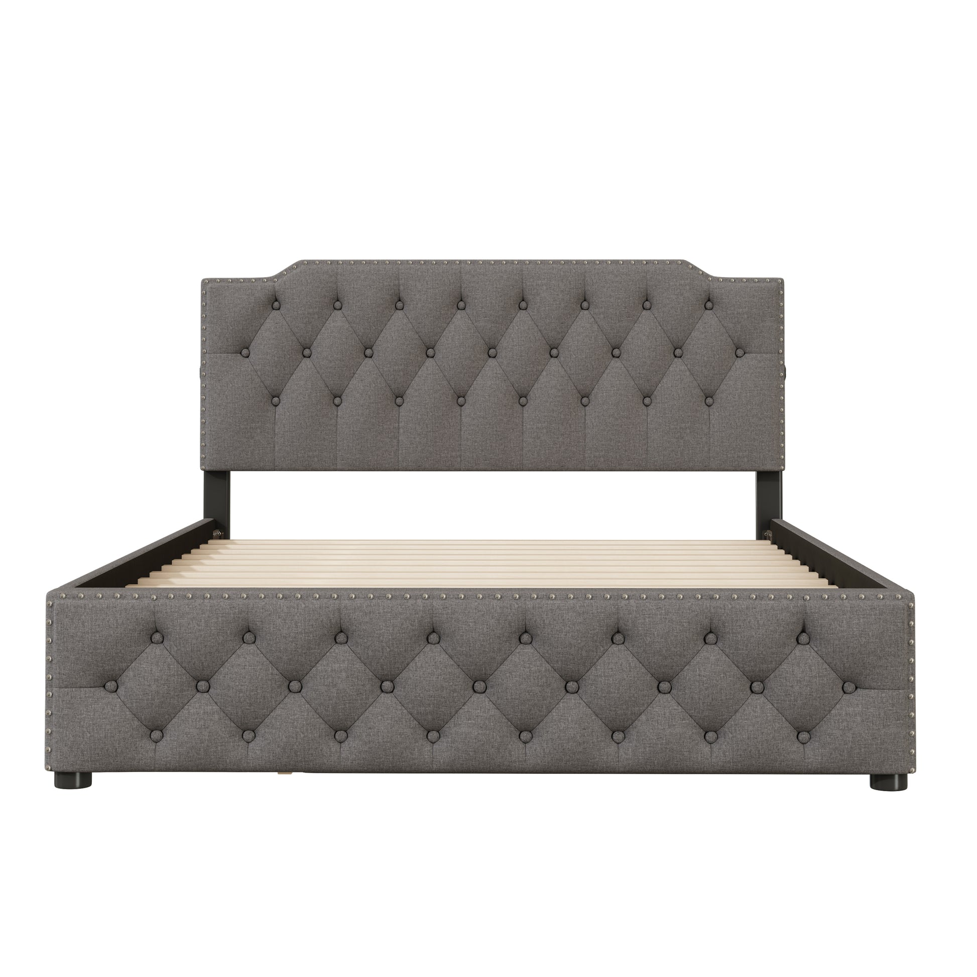 Queen Size Upholstered Platform Bed With Twin Size Trundle And 2 Sets Of Usb Ports On Each Side, Linen Fabric, Gray Queen Gray Linen