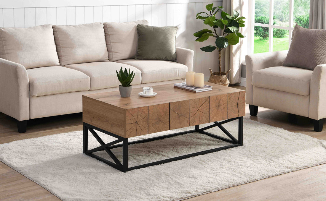 43.31'' Luxury Coffee Table With Two Drawers, Industrial Coffee Table For Living Room, Bedroom & Office Natural Mdf Iron