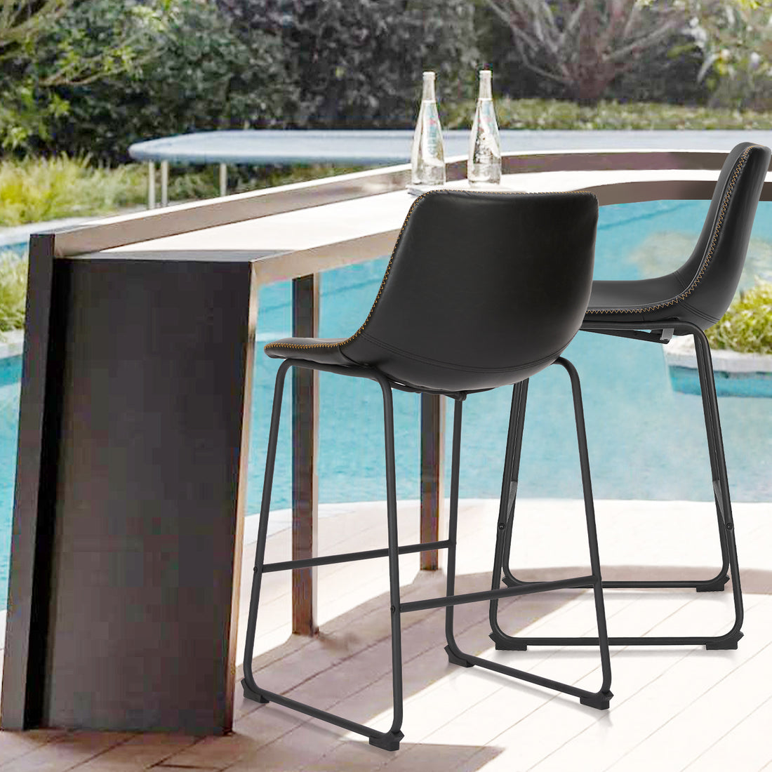 Sweetcrispy 26 Inch Counter Height Bar Stools Set Of 2 Leather Barstool With Back And Metal Leg Modern Bar Stools For Kitchen Island Pub Living Room Black Pu