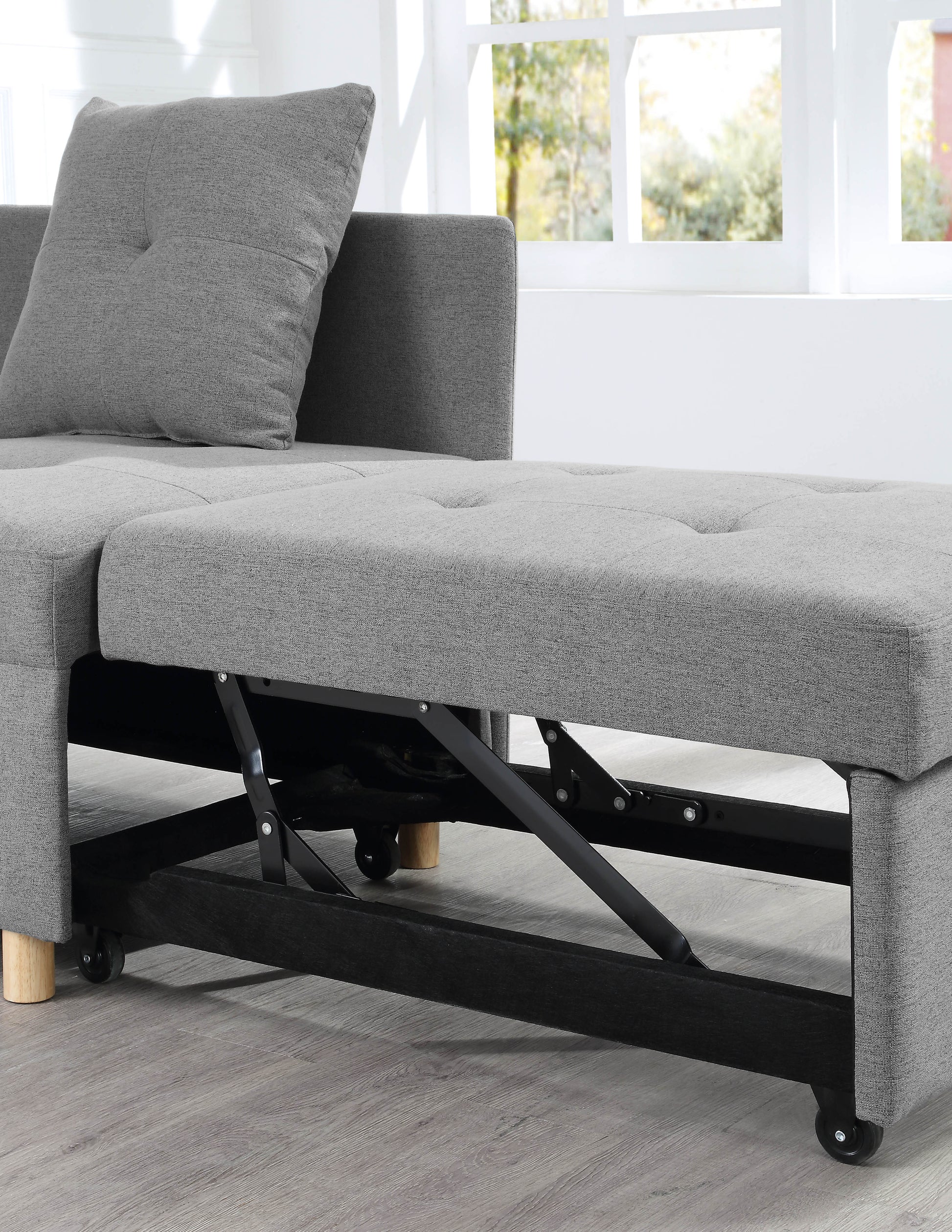 4 In 1 Convertible Sofas & Couches, Single Extendable Sofa With 6 Position Adjustable Back, Sofa Bed With 2 Pillows, Gray Gray Linen Armless Wood Fabric 1 Seat