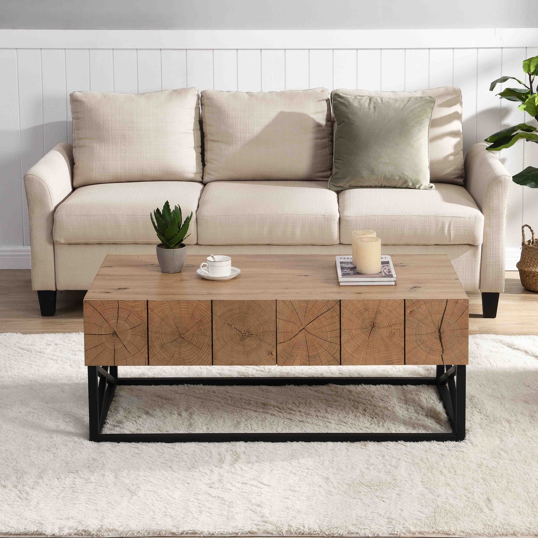 43.31'' Luxury Coffee Table With Two Drawers, Industrial Coffee Table For Living Room, Bedroom & Office Natural Mdf Iron