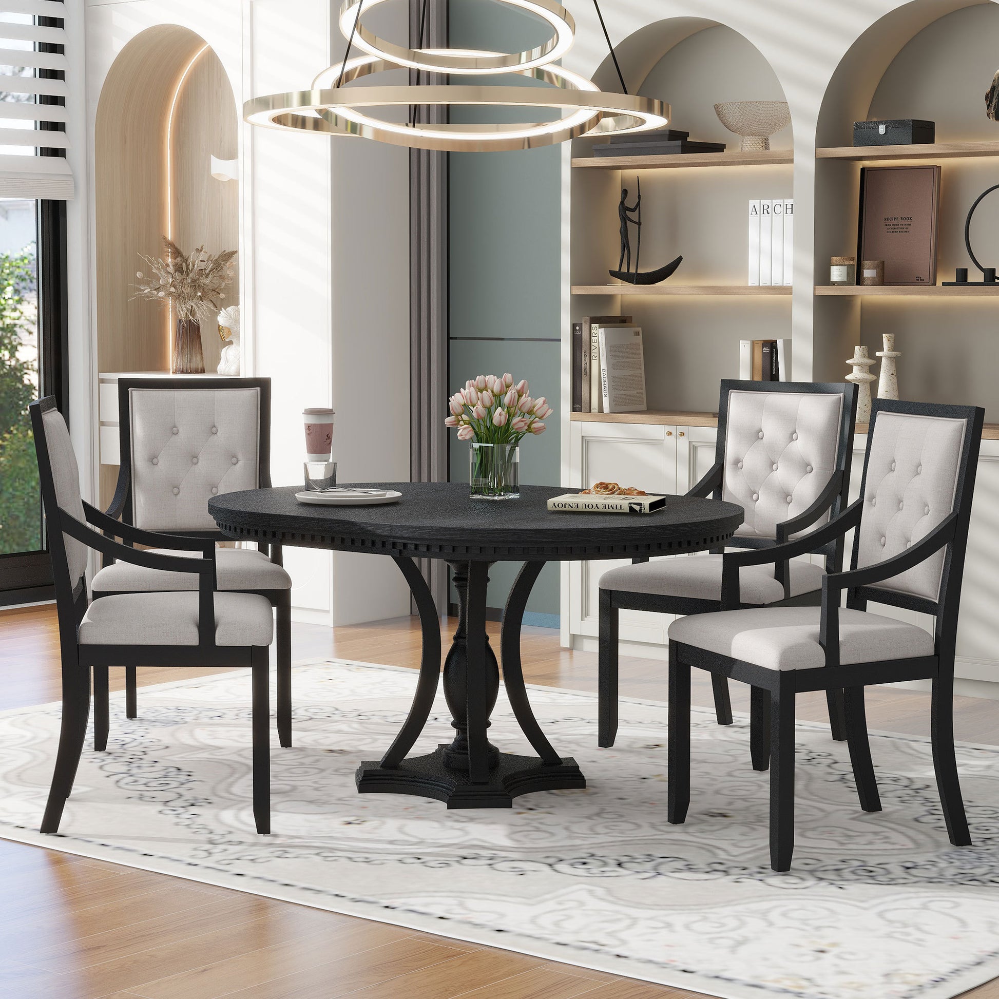 Retro 5 Piece Dining Set Extendable Round Table And 4 Chairs For Kitchen Dining Room Black Oak Black Mdf