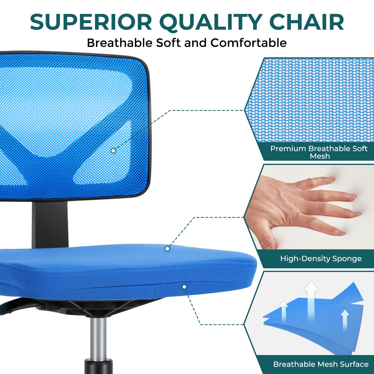 Sweetcrispy Armless Desk Chair Small Home Office Chair With Lumbar Support Blue Nylon Mesh