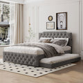 Queen Size Upholstered Platform Bed With Twin Size Trundle And 2 Sets Of Usb Ports On Each Side, Linen Fabric, Gray Queen Gray Linen