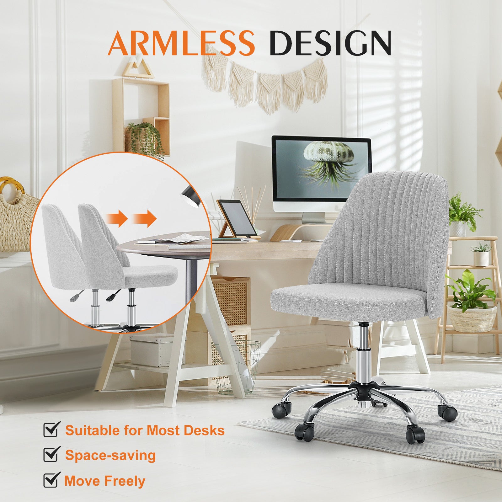 Sweetcrispy Armless Home Office Desk Chair With Wheels Adjustable Swivel Task Computer Vanity Chair For Small Spaces Gray Fabric