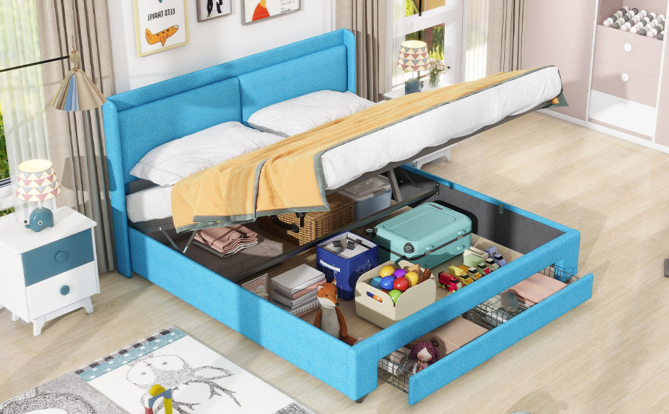 Queen Size Storage Upholstered Hydraulic Platform Bed With 2 Drawers, Blue Box Spring Not Required Queen Blue Metal Bedroom Bed Frame Linen Upholstered