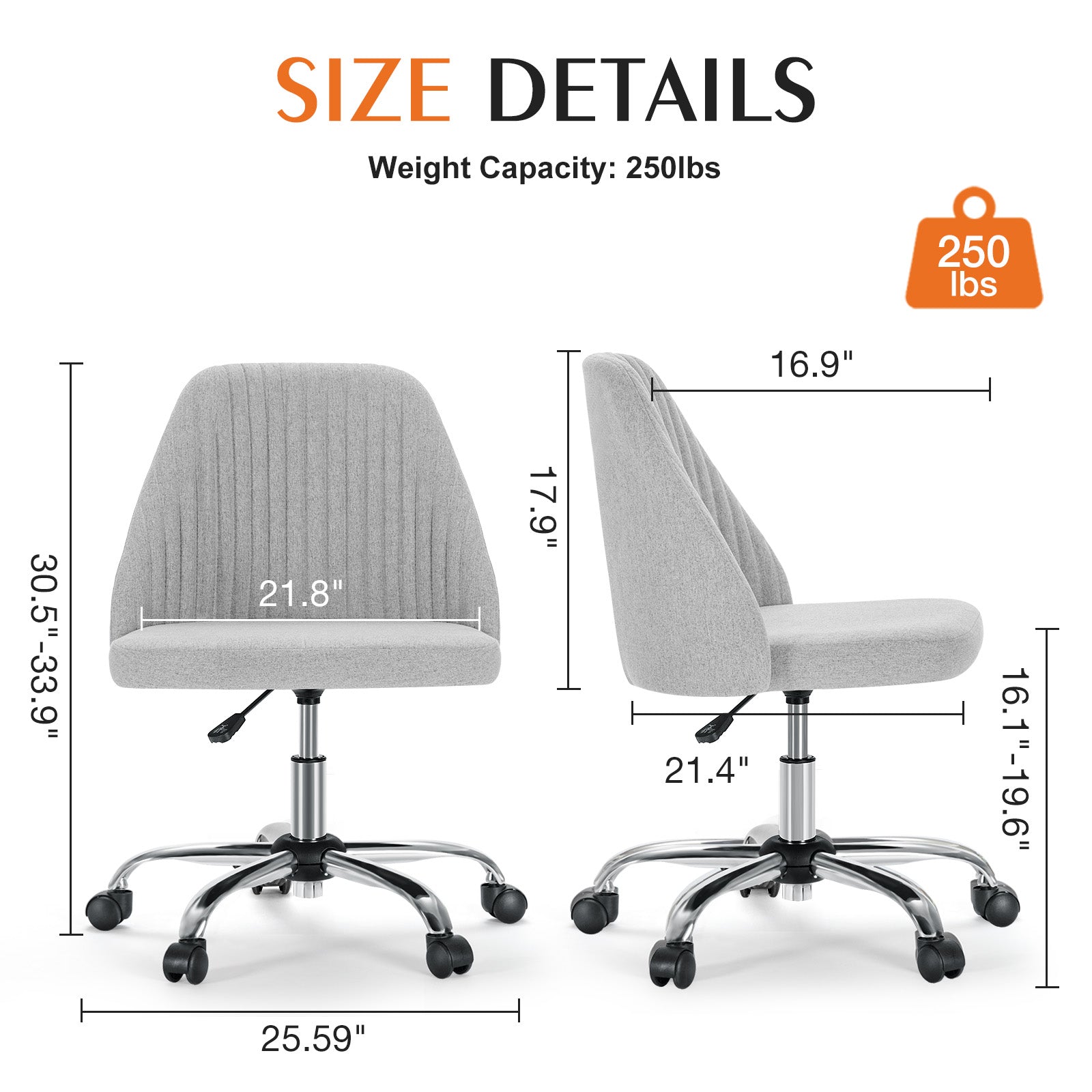 Sweetcrispy Armless Home Office Desk Chair With Wheels Adjustable Swivel Task Computer Vanity Chair For Small Spaces Gray Fabric