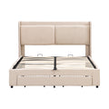 Queen Size Storage Upholstered Hydraulic Platform Bed With 2 Drawers, Beige Box Spring Not Required Queen Beige Metal Bedroom Bed Frame Linen Upholstered