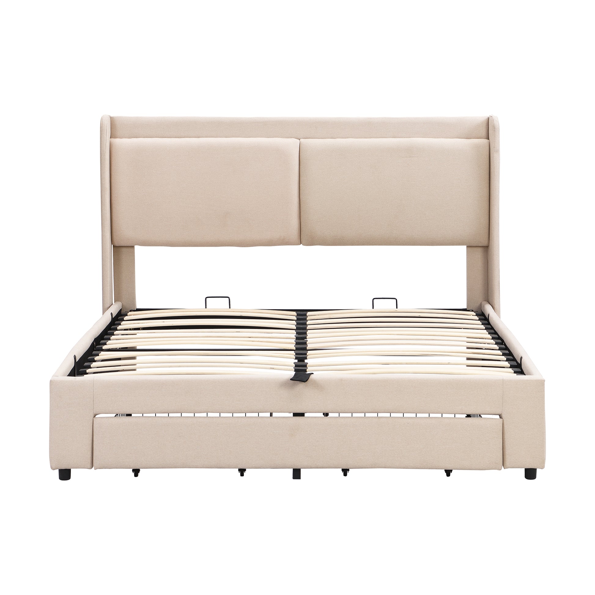 Queen Size Storage Upholstered Hydraulic Platform Bed With 2 Drawers, Beige Box Spring Not Required Queen Beige Metal Bedroom Bed Frame Linen Upholstered