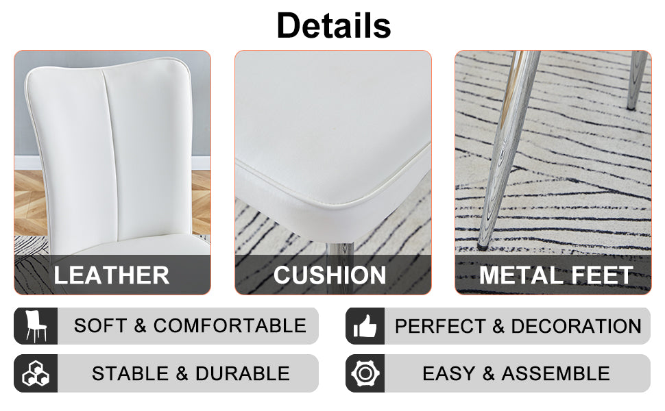 Modern Minimalist Dining Chairs, Office Chairs. 4 Piece Set Of White Pu Seats With Silver Metal Legs. Suitable For Restaurants, Living Rooms, And Offices. C 008 White Pu