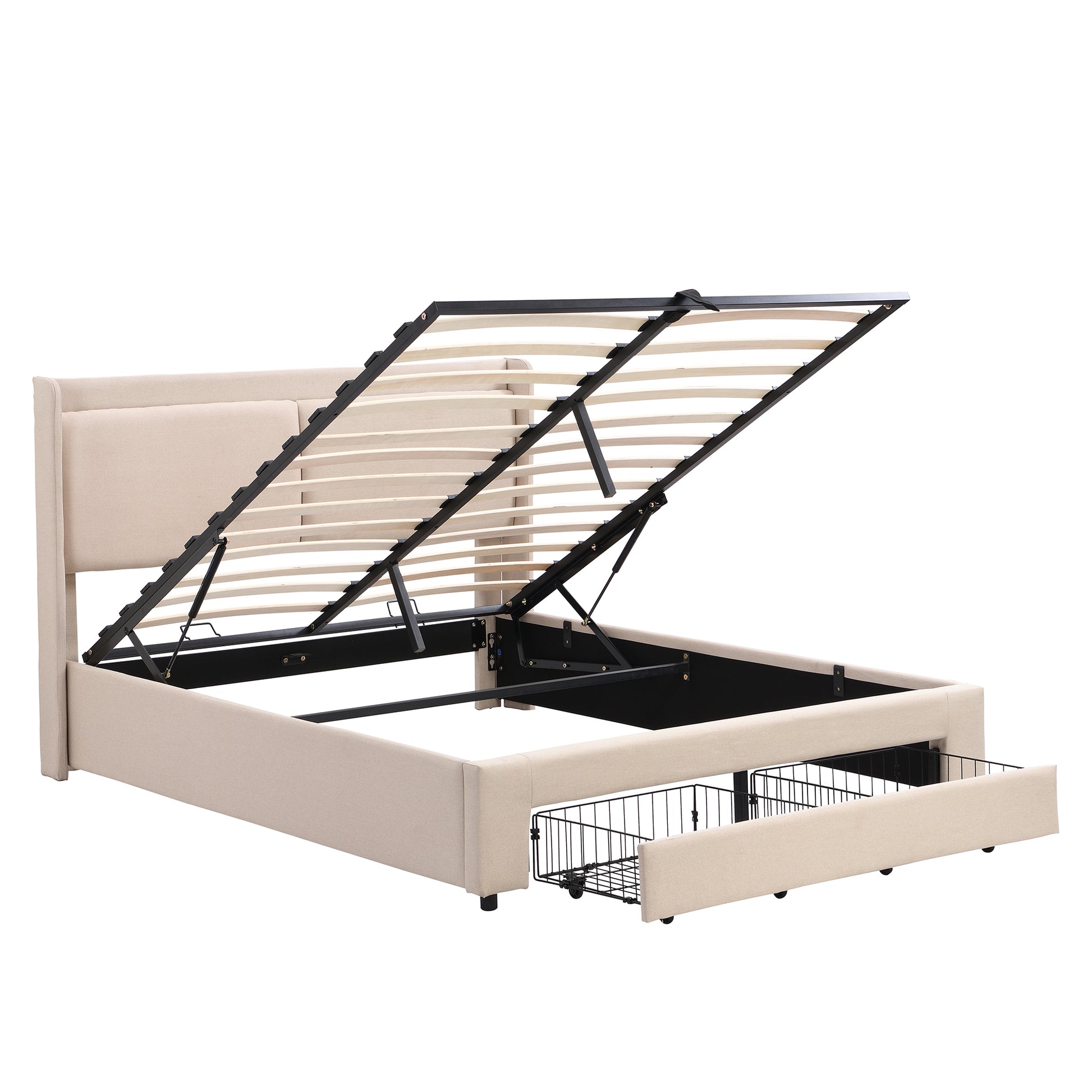 Queen Size Storage Upholstered Hydraulic Platform Bed With 2 Drawers, Beige Box Spring Not Required Queen Beige Metal Bedroom Bed Frame Linen Upholstered