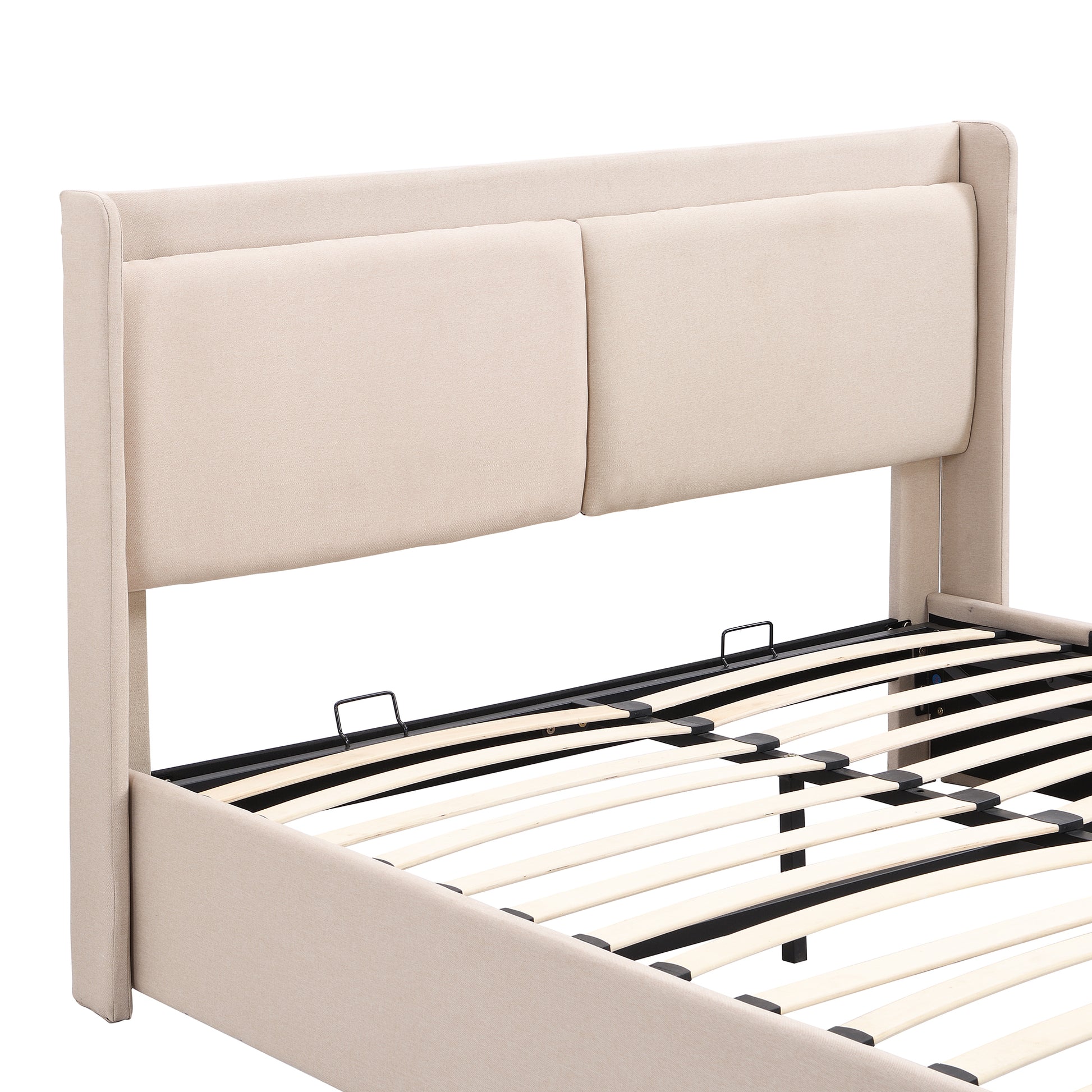 Queen Size Storage Upholstered Hydraulic Platform Bed With 2 Drawers, Beige Box Spring Not Required Queen Beige Metal Bedroom Bed Frame Linen Upholstered