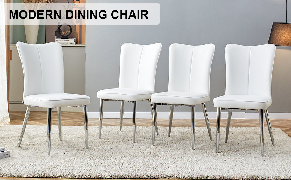 Modern Minimalist Dining Chairs, Office Chairs. 4 Piece Set Of White Pu Seats With Silver Metal Legs. Suitable For Restaurants, Living Rooms, And Offices. C 008 White Pu