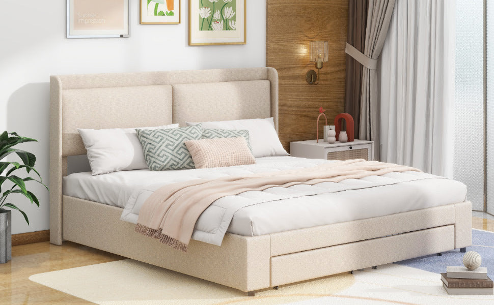 Queen Size Storage Upholstered Hydraulic Platform Bed With 2 Drawers, Beige Box Spring Not Required Queen Beige Metal Bedroom Bed Frame Linen Upholstered