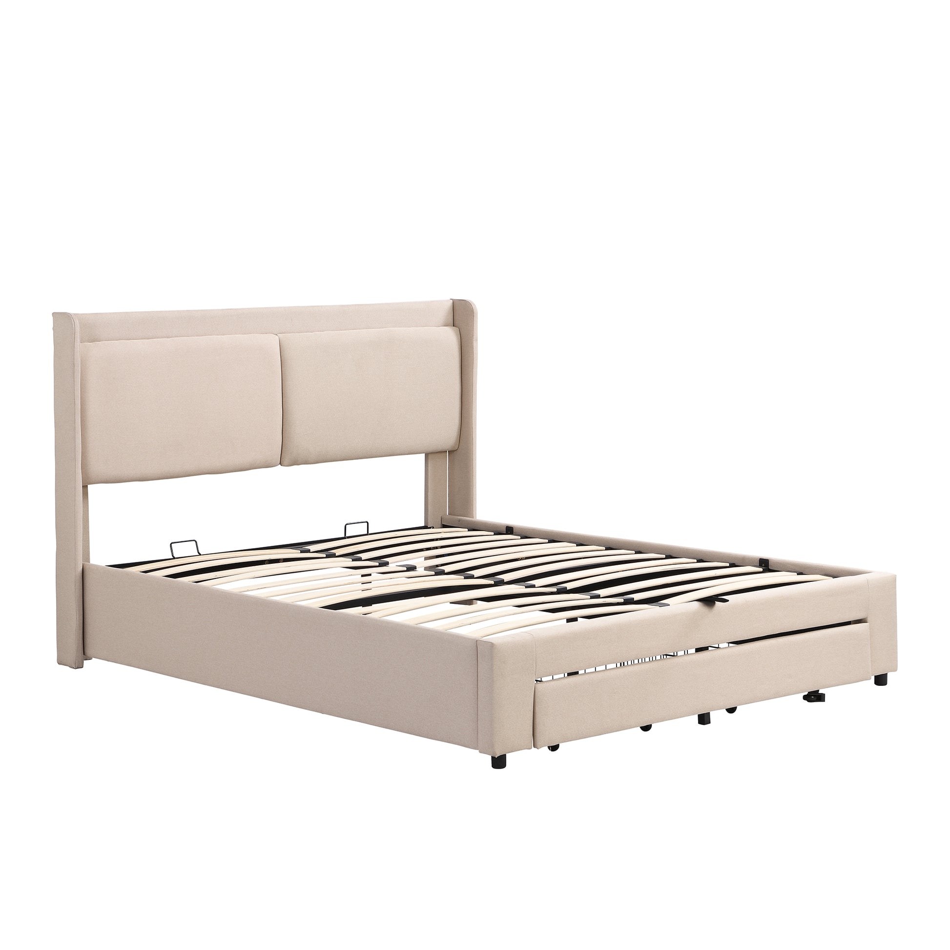 Queen Size Storage Upholstered Hydraulic Platform Bed With 2 Drawers, Beige Box Spring Not Required Queen Beige Metal Bedroom Bed Frame Linen Upholstered