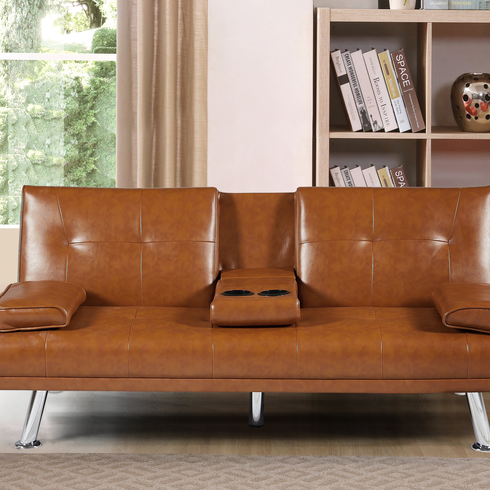 Tan Foldable Sofa Bed With Cup Holder Tan Wood Primary Living Space Medium Firm Foam Technical Leather