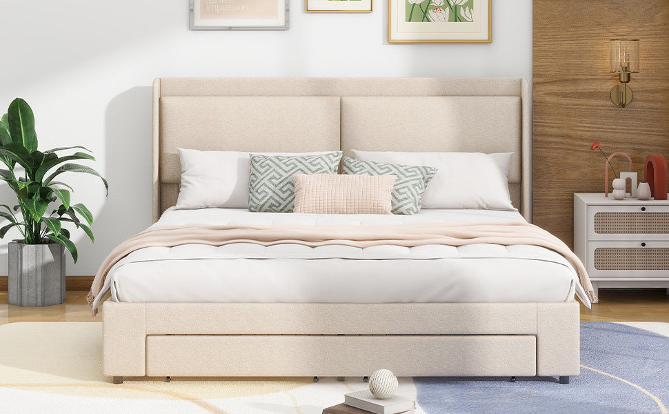 Queen Size Storage Upholstered Hydraulic Platform Bed With 2 Drawers, Beige Box Spring Not Required Queen Beige Metal Bedroom Bed Frame Linen Upholstered