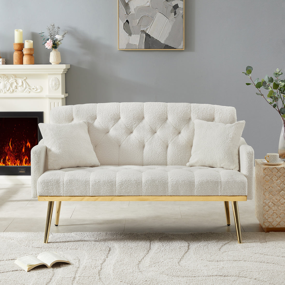 Cream White Teddy Fabric 2 Seater Sofa Cream White Engineered Wood