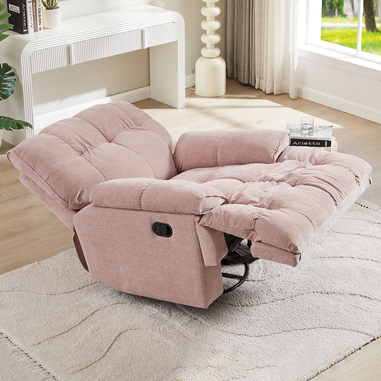 Ergonomic Glider 360 Degree Swivel Chair, Overstuffed Manual Rocking Recliner For Living Room Pink Pink Polyester 1 Seat