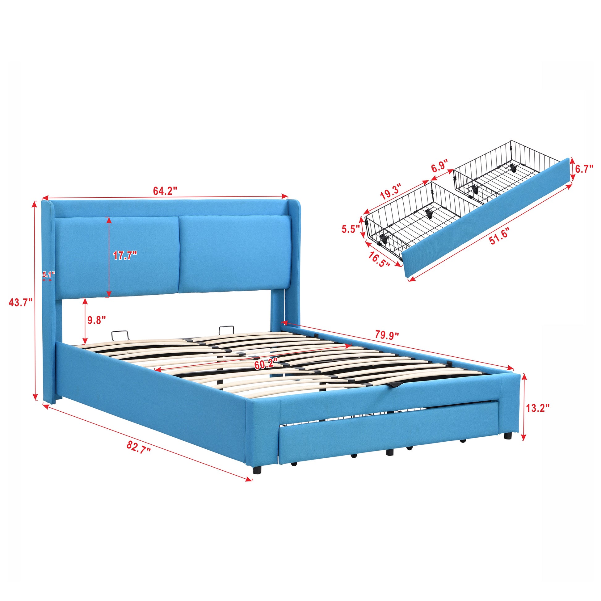 Queen Size Storage Upholstered Hydraulic Platform Bed With 2 Drawers, Blue Box Spring Not Required Queen Blue Metal Bedroom Bed Frame Linen Upholstered