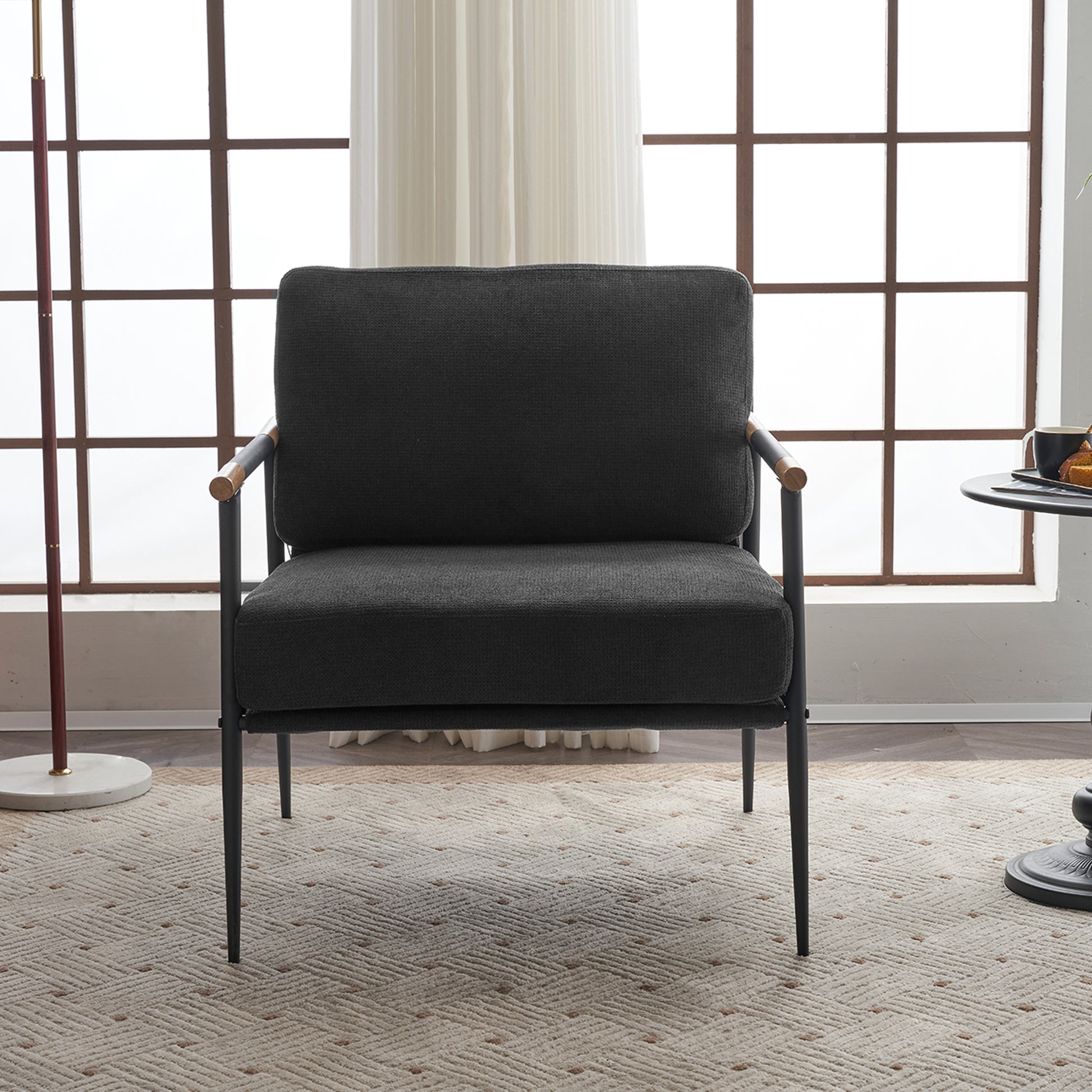 Leisure Lounge Chair Arm Chair With Metal Frame, Upholstered Side Chair Comfy Sitting Chair For Living Room, Black Chenille Black Chenille
