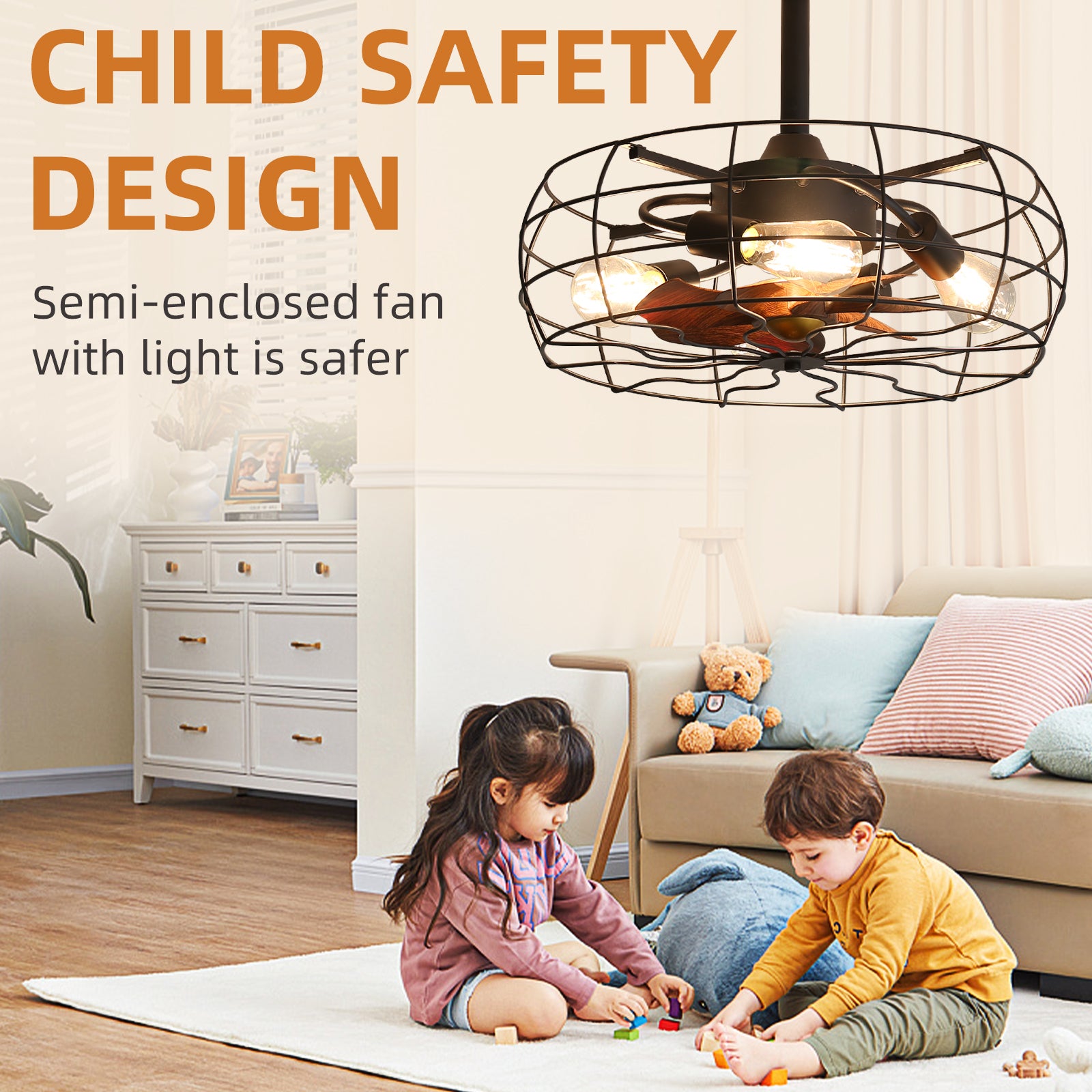 19Inch Cage Retro Reiling Fan With Lights Note:No On Bulbs Black Rustic Iron