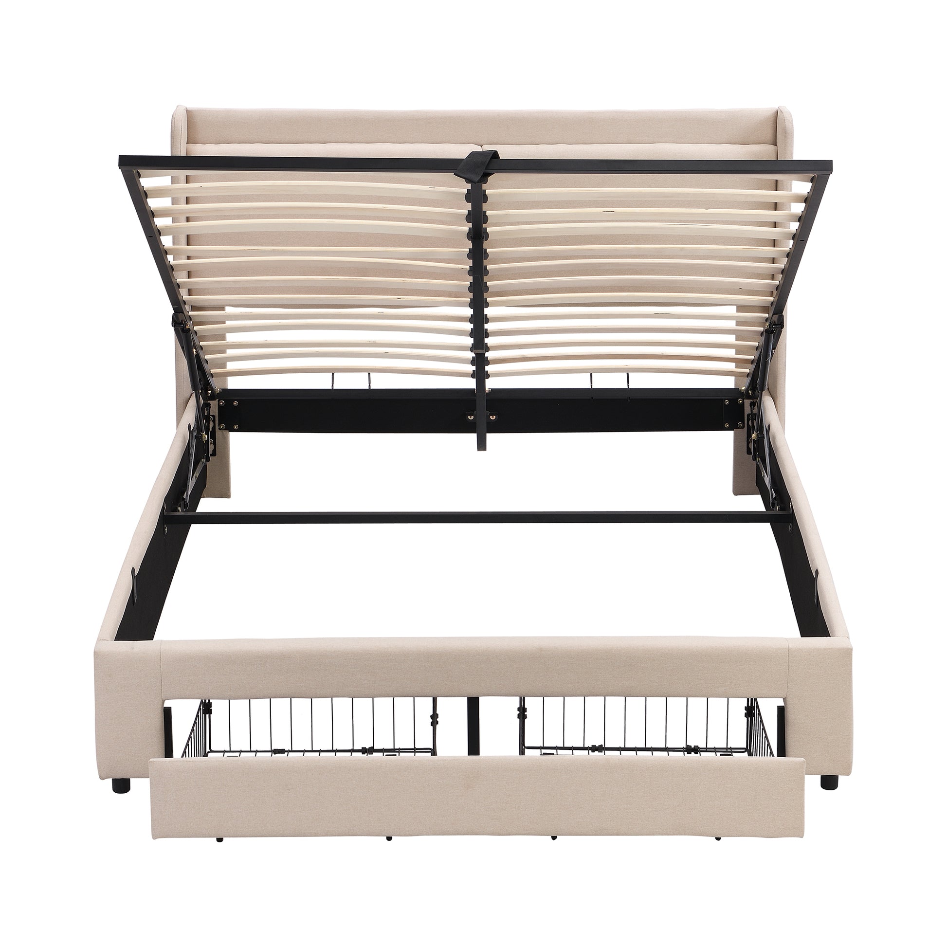 Queen Size Storage Upholstered Hydraulic Platform Bed With 2 Drawers, Beige Box Spring Not Required Queen Beige Metal Bedroom Bed Frame Linen Upholstered